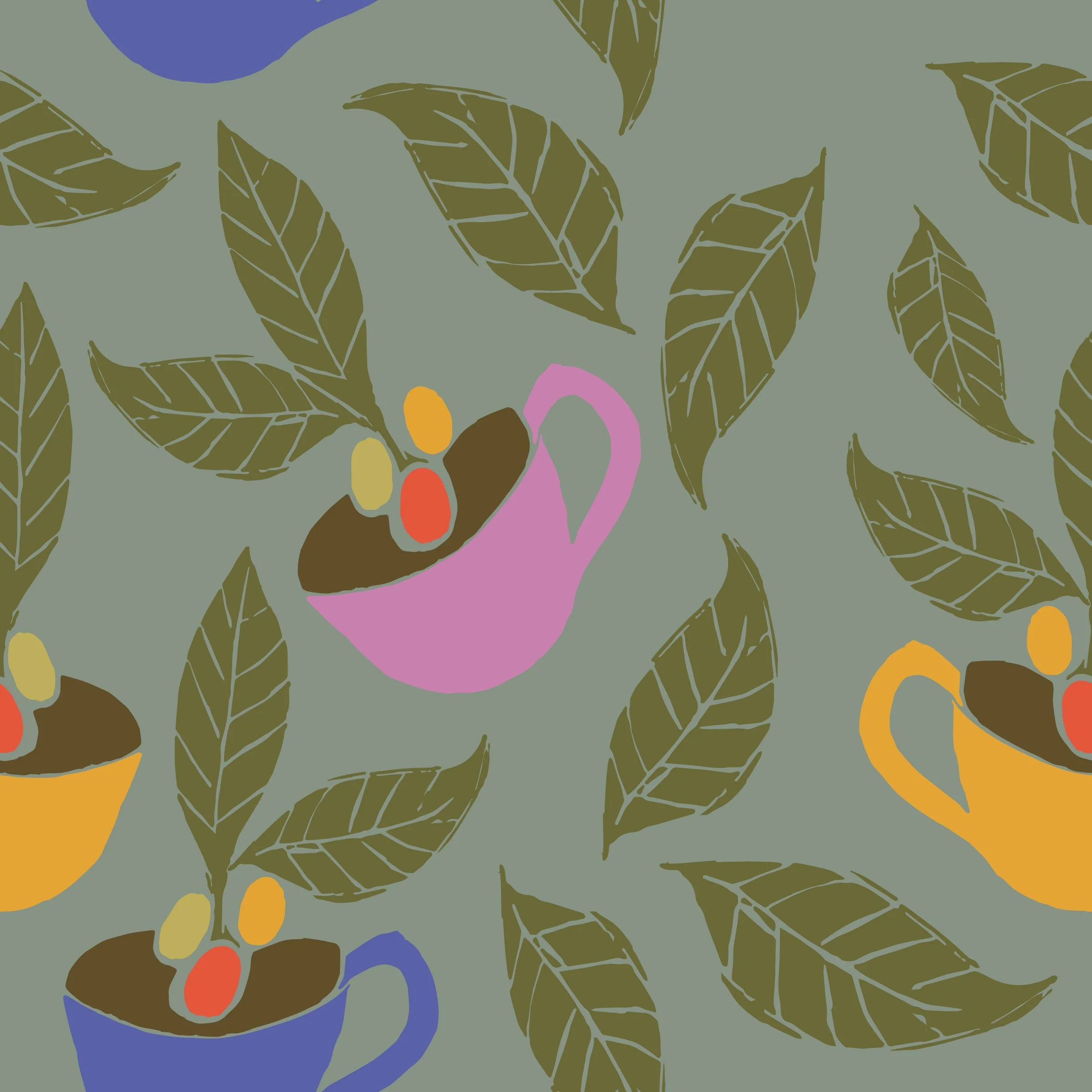 Block print Coffee Plants growing in Blue, Yellow & Pink Coffee Cups creating a repeat pattern on olive green background