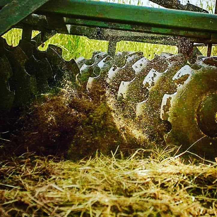 Close-up of tractor disc blades tilling soil in a field.