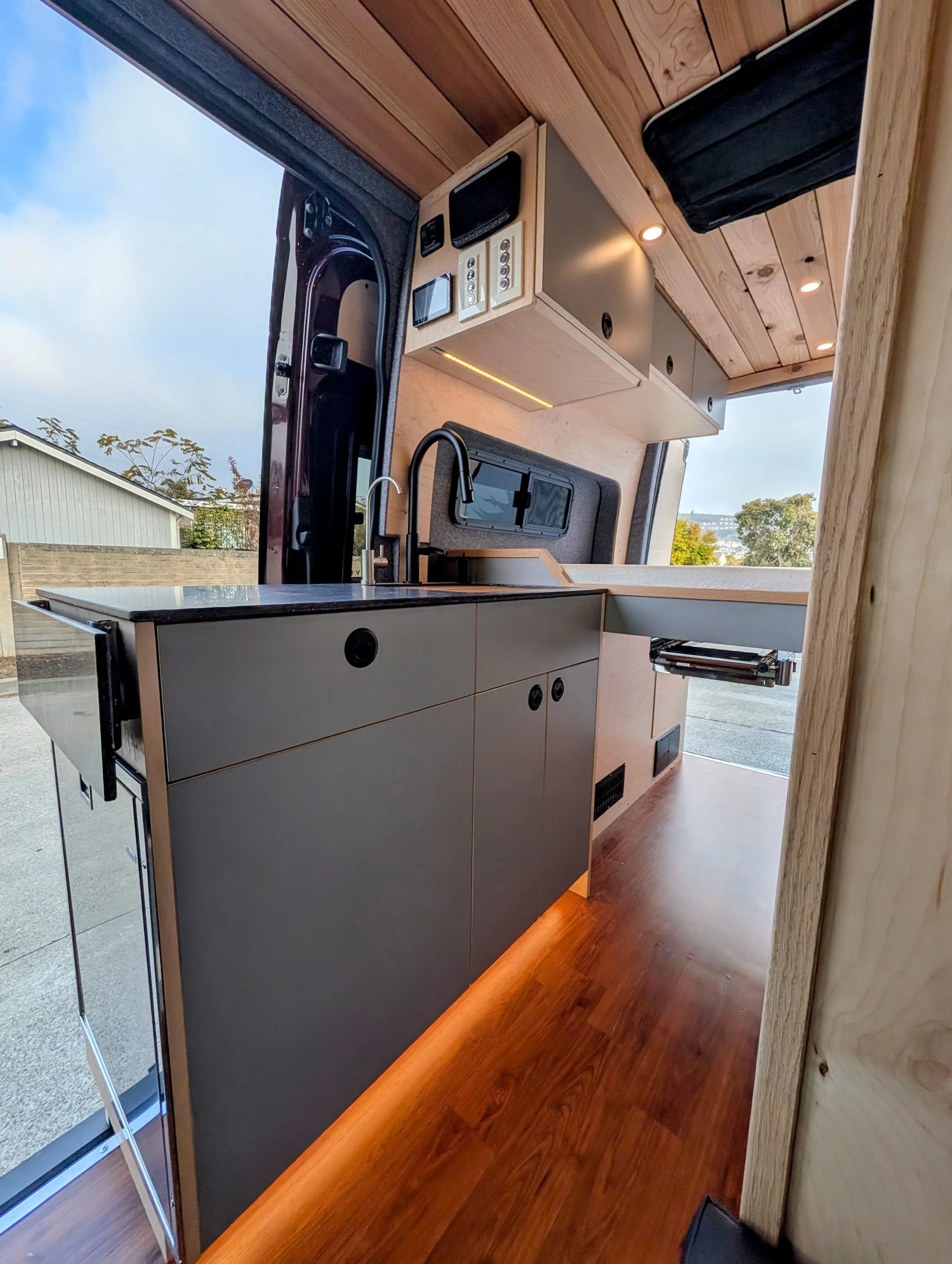 Custom Mercedes Sprinter Camper Van, galley, custom cabinetry