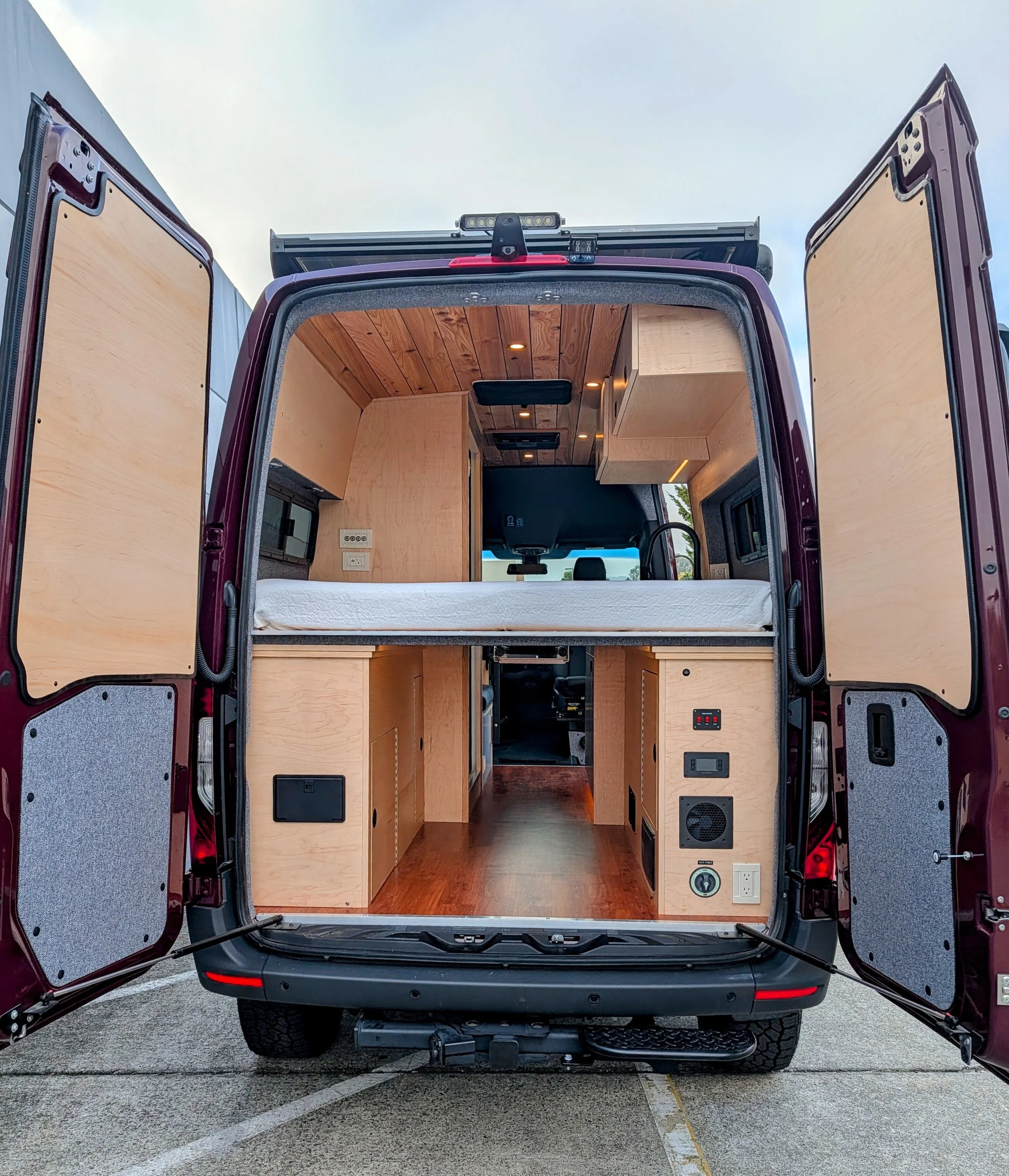 Custom Mercedes Sprinter Camper Van, door panels, bed