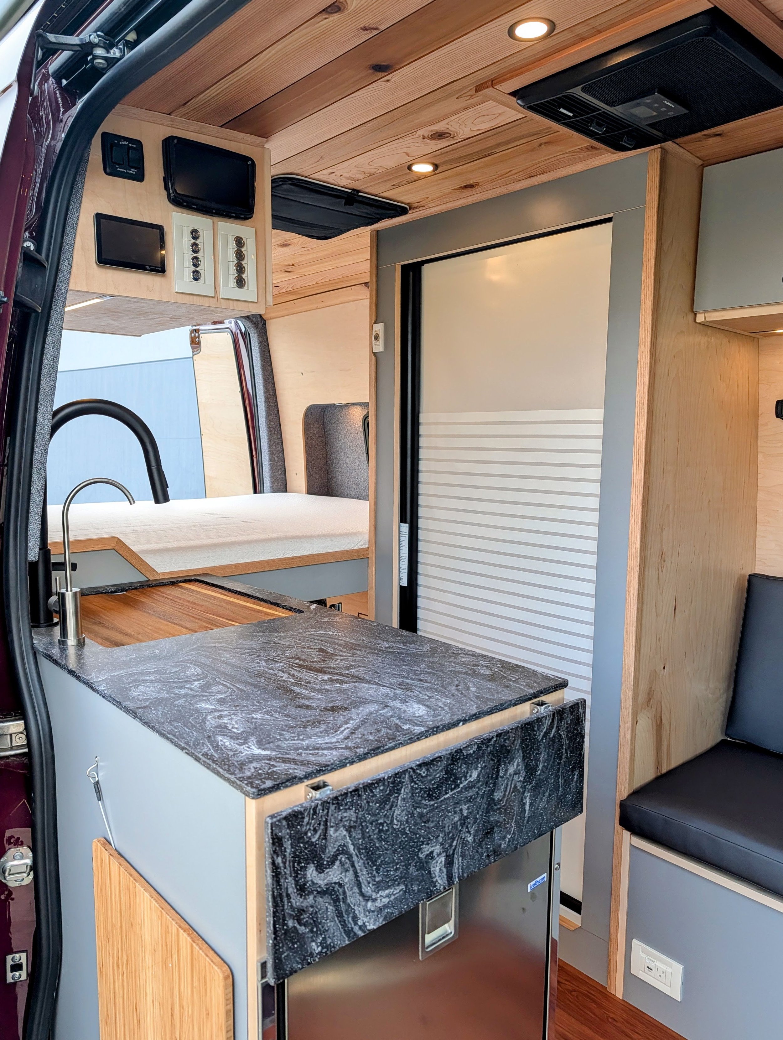 Custom Mercedes Sprinter Camper Van, shower, Nautalus door