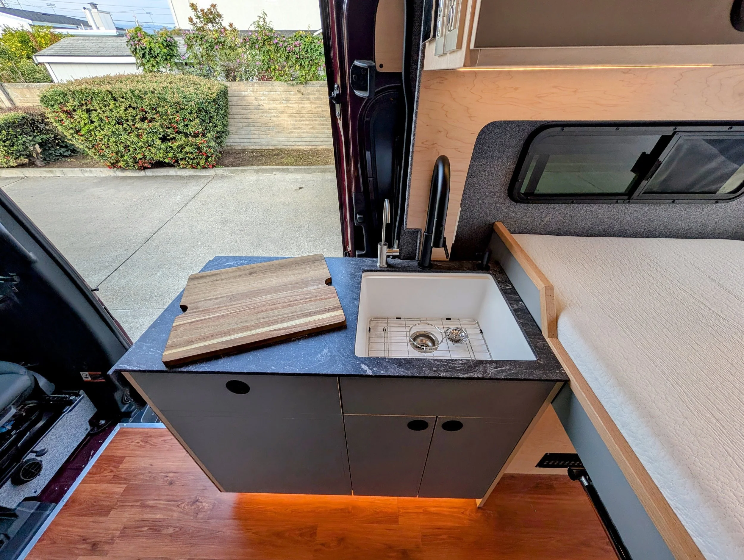 Custom Mercedes Sprinter Camper Van, sink, custom galley cabinet