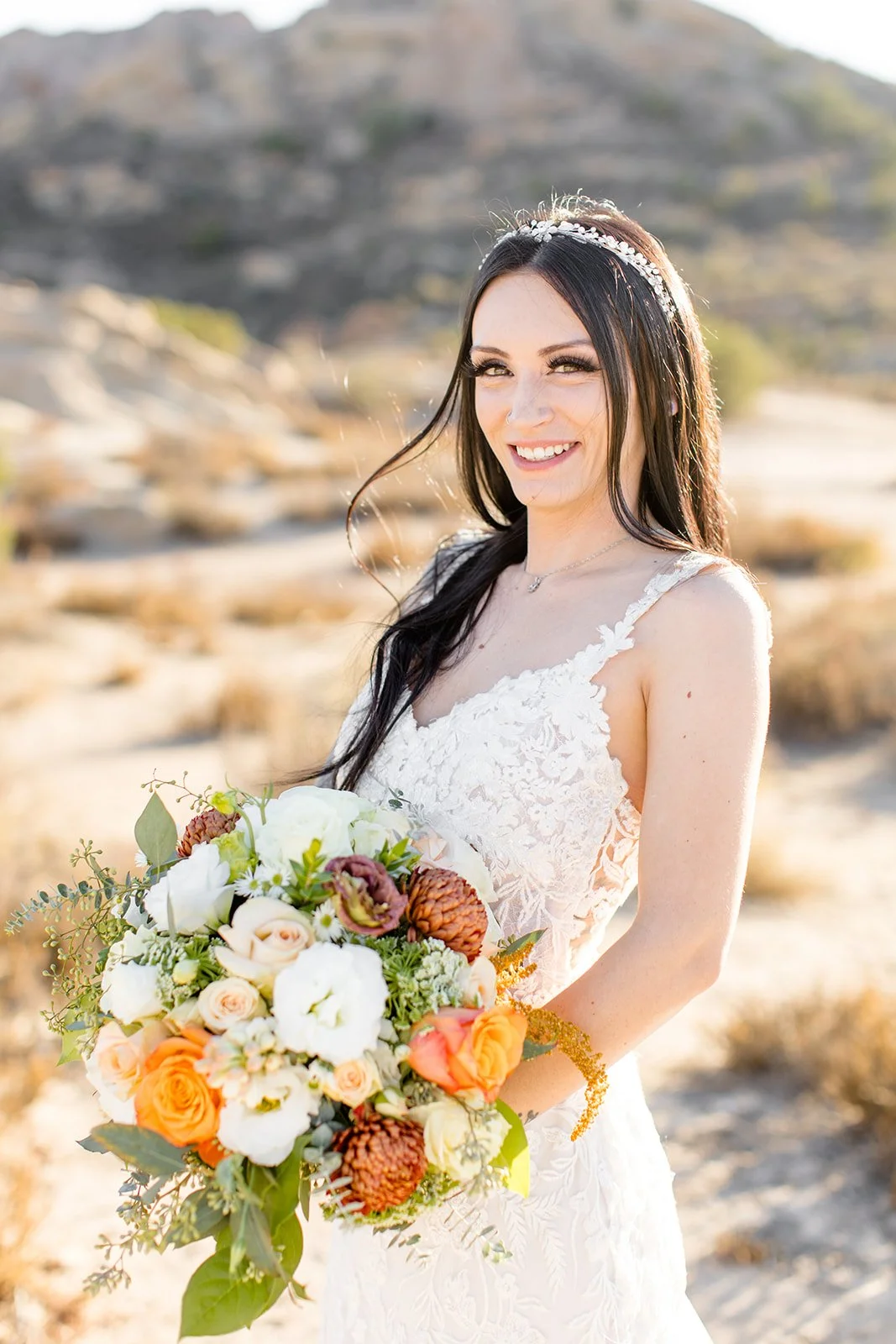 Bride with bouqet at Vasquez Rocks, sunset