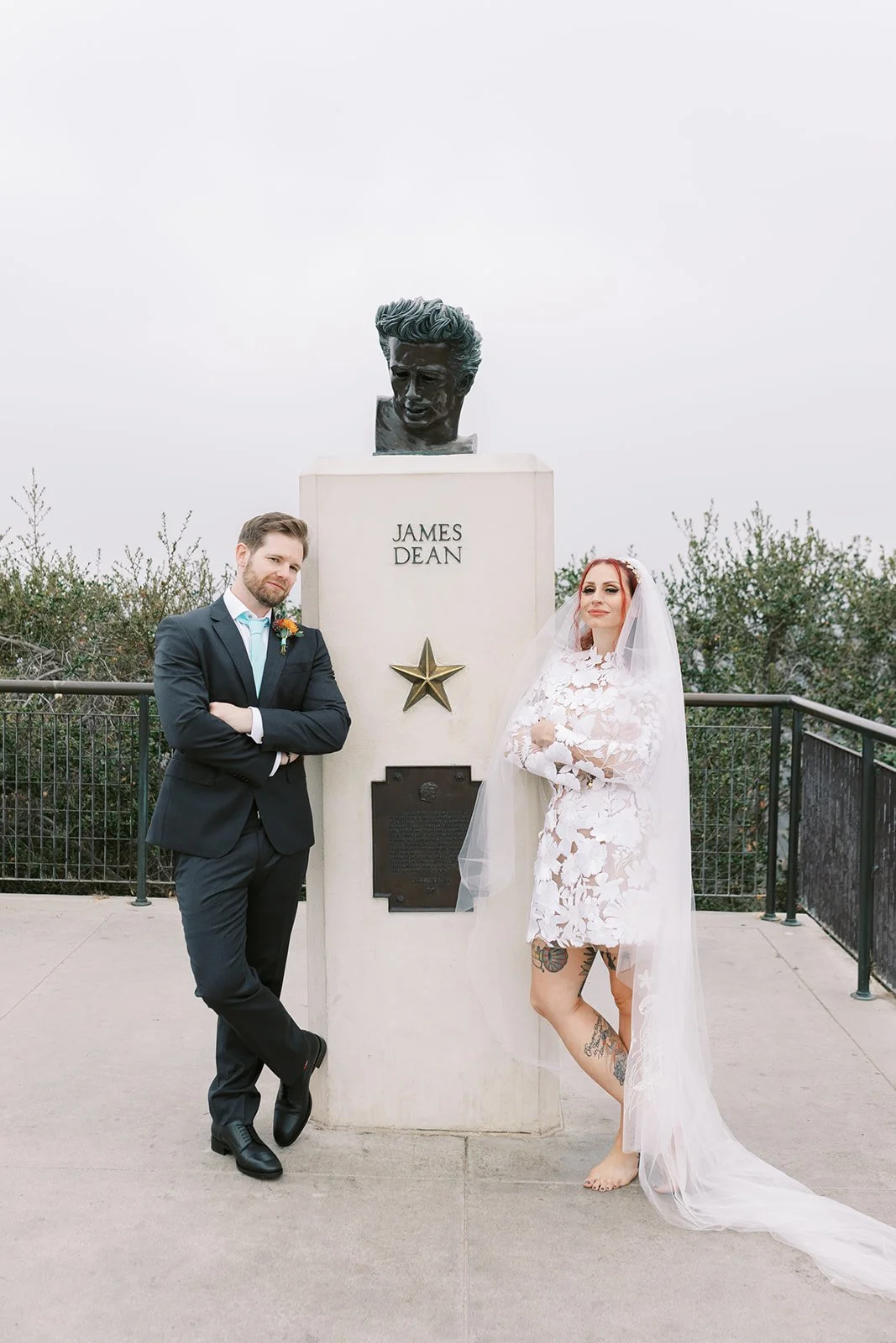 Elopement Couple with James Dean statue, at Griffith Observatory