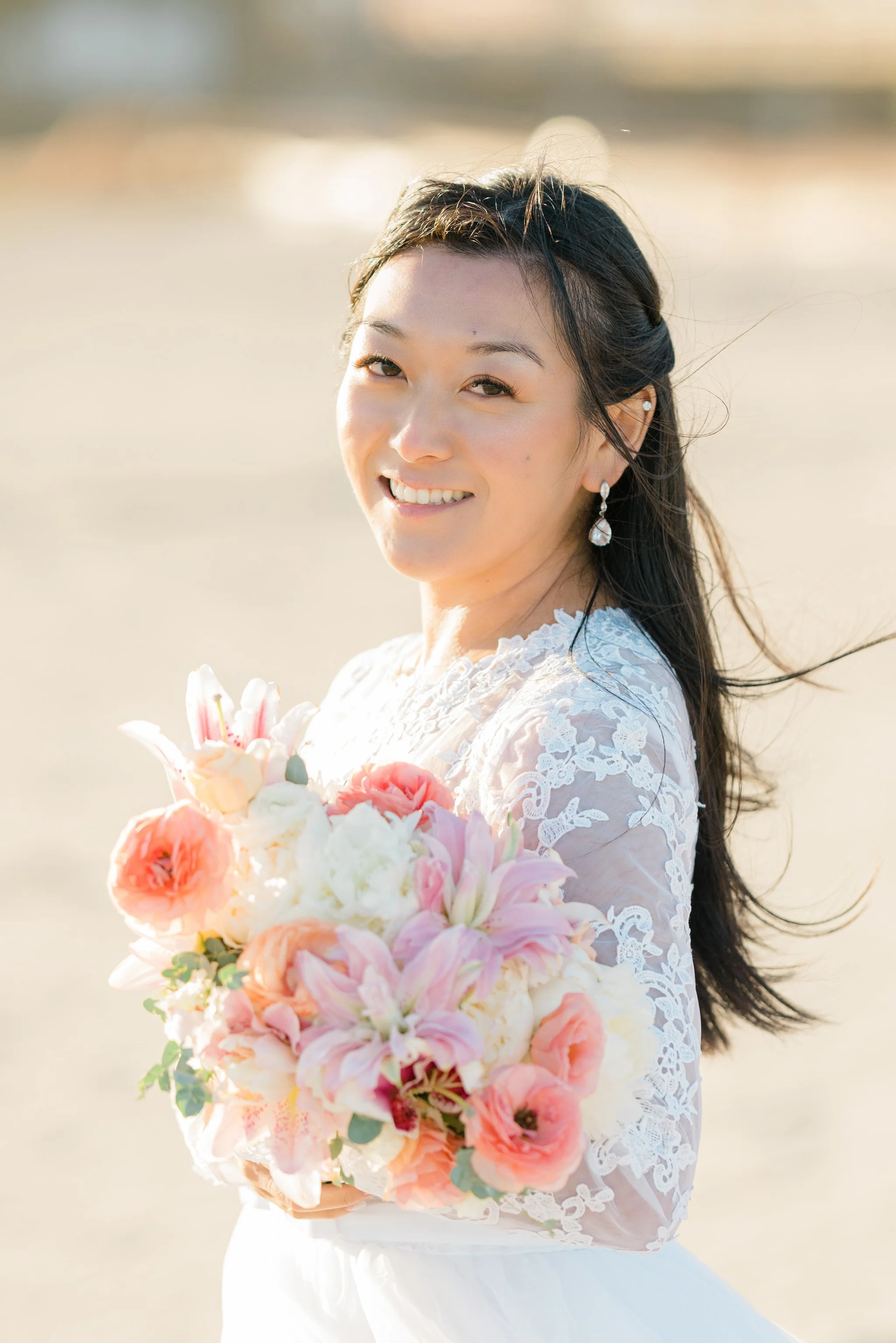 Bride with bouquet, Zuma, Malibu