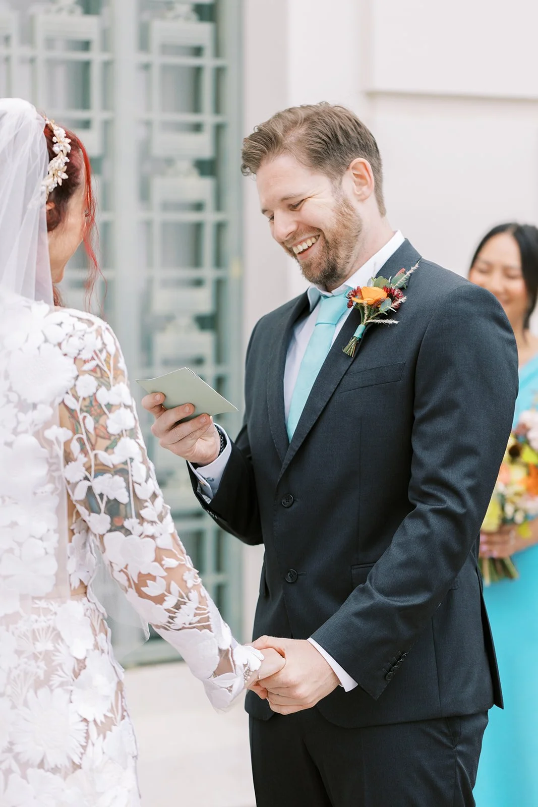 Groom reads vows at elopement ceremony, Griffith Observatory