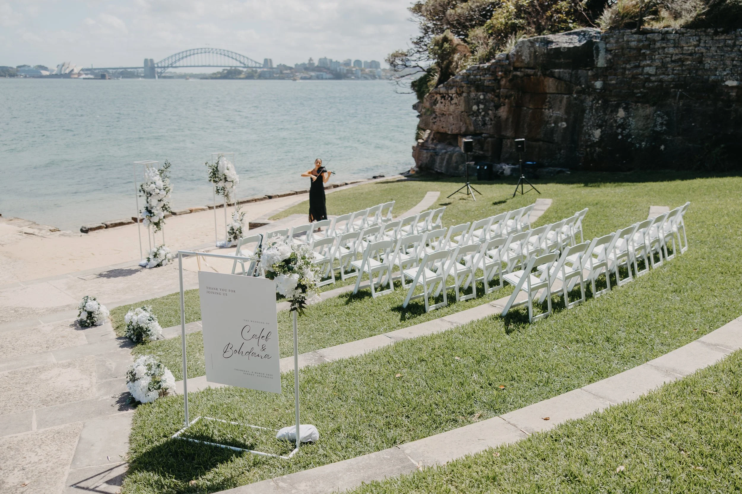 Live Music for wedding ceremony on sydney harbour at Bradley's Head with violinist Melissa Voyias