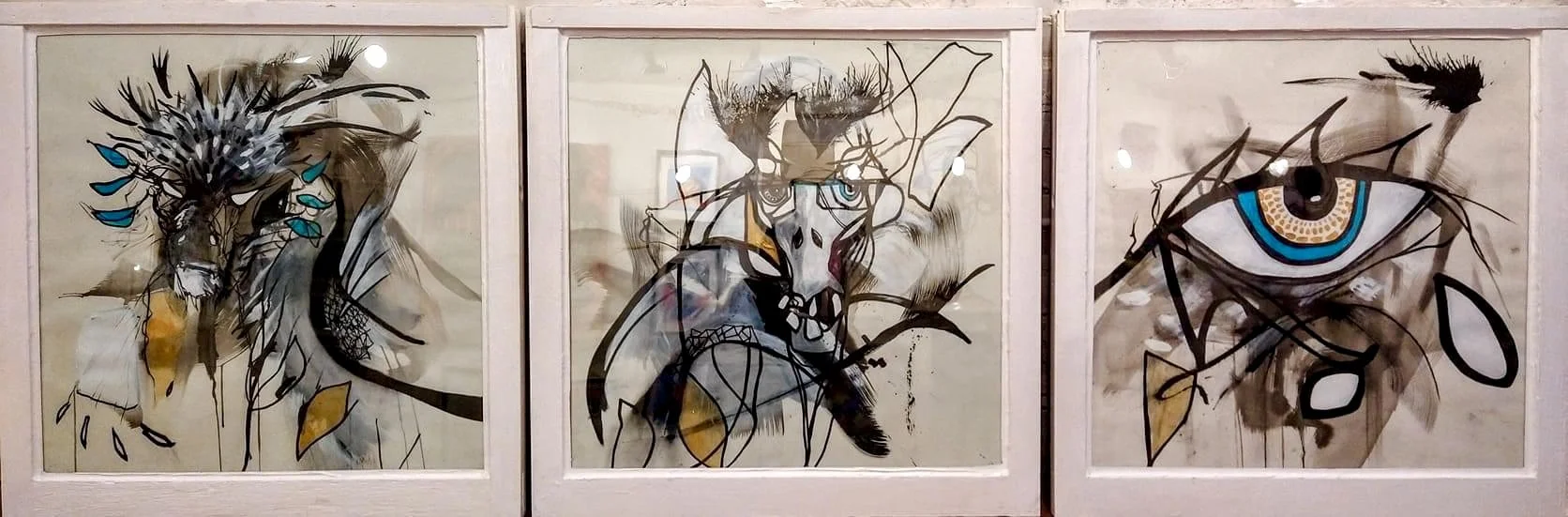 Dragon Triptych; mixed media on paper; 2021