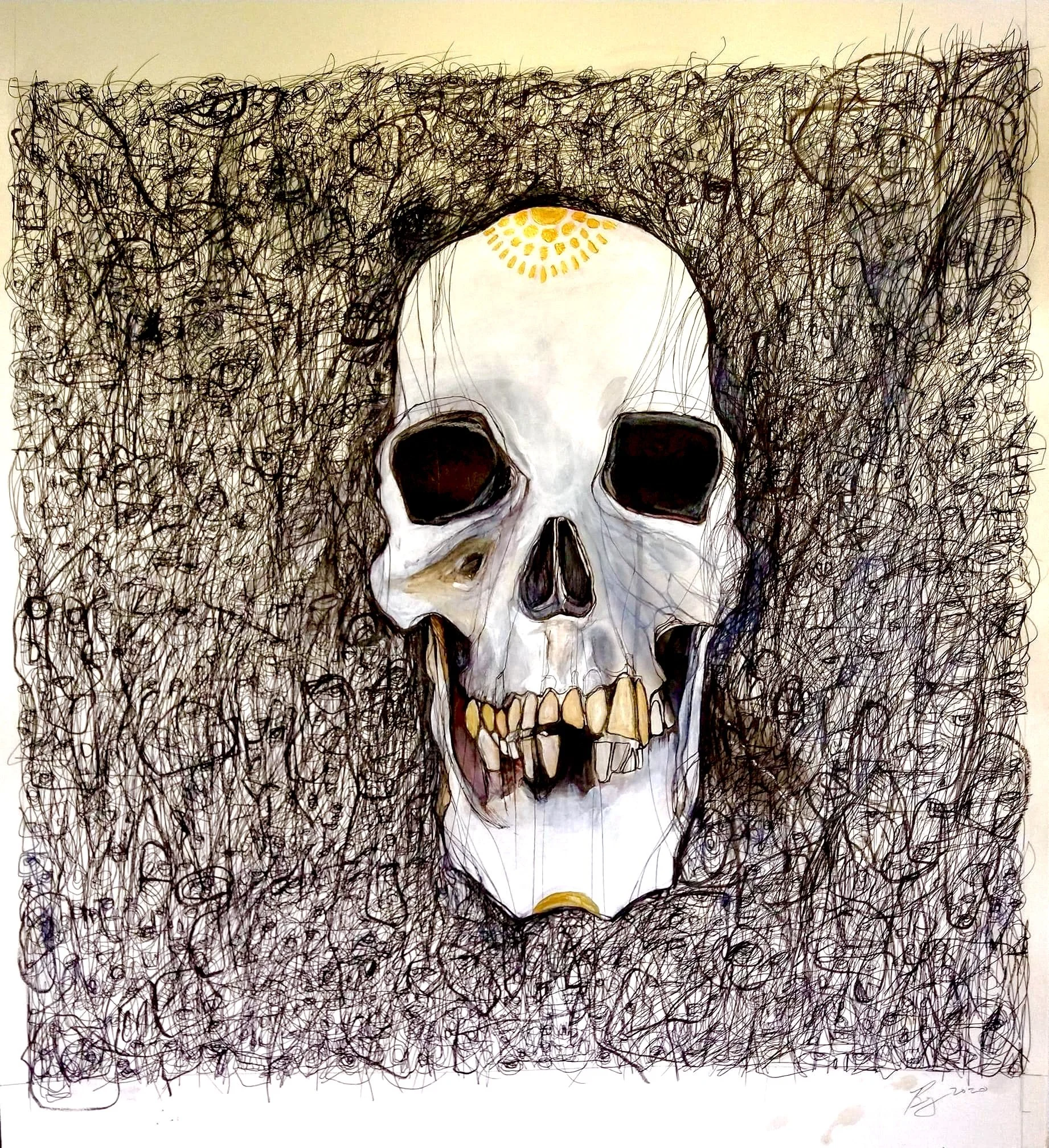 Skull with web of eyes; mixed media on paper; 2021