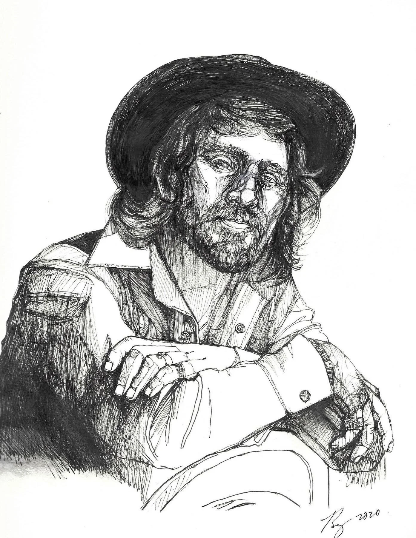 Waylon Jennings; Ink on paper; 2020