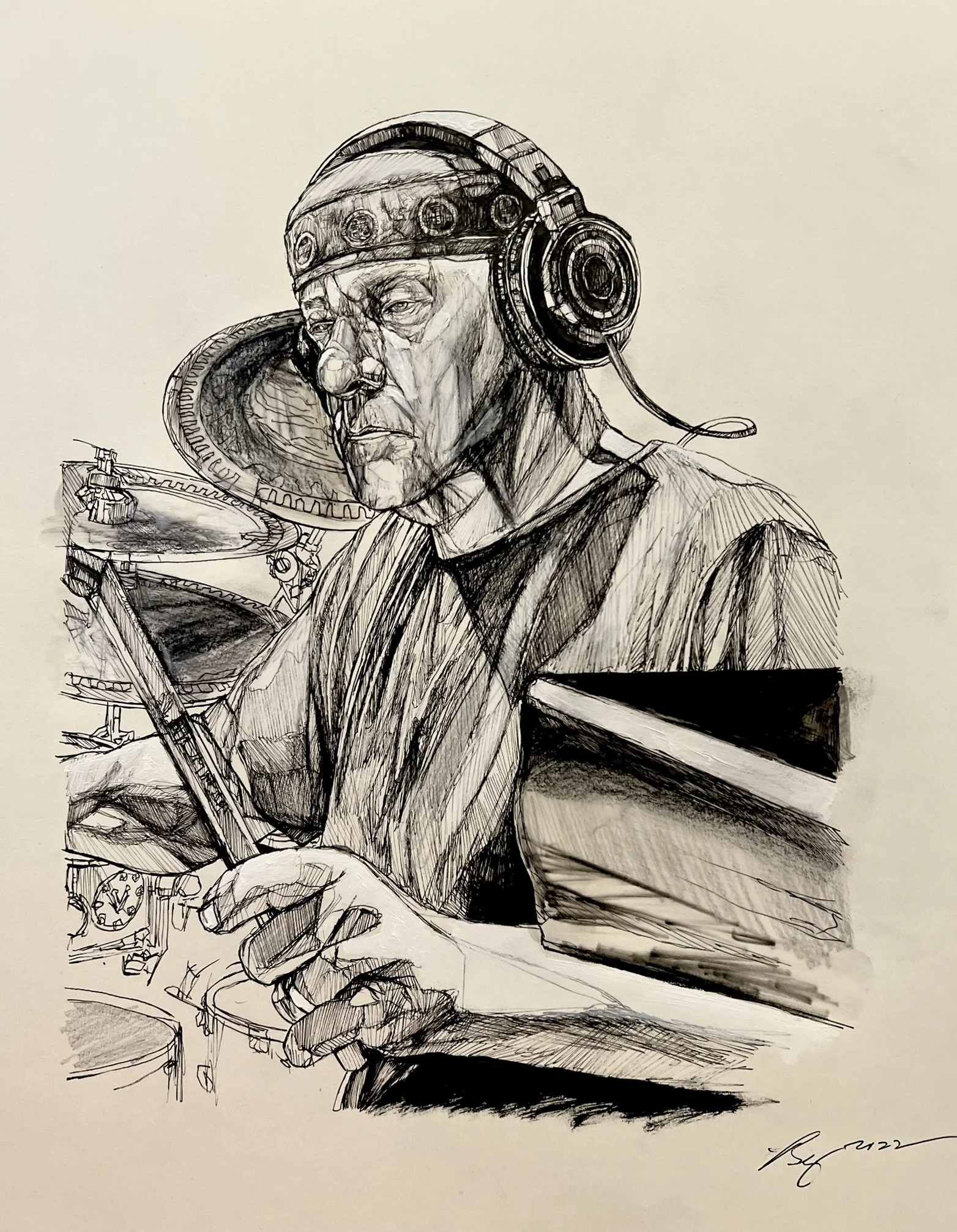 Neil Peart; mixed media; 2022