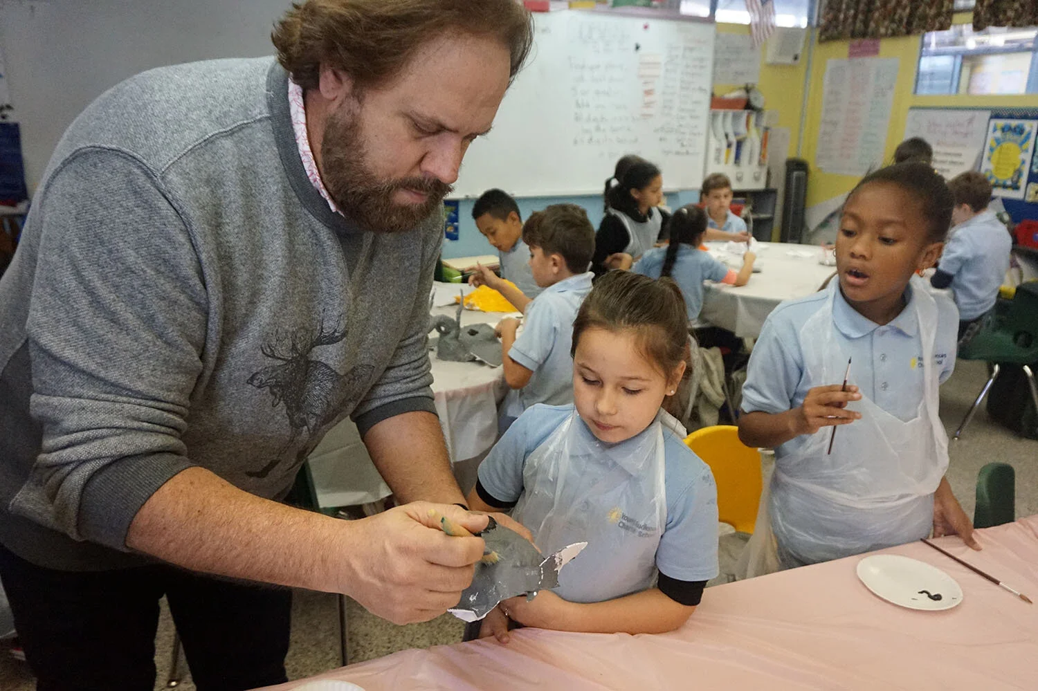  Arts-Integrated Professional Development: students work with a teaching artist on painting animal paper mache masks.  