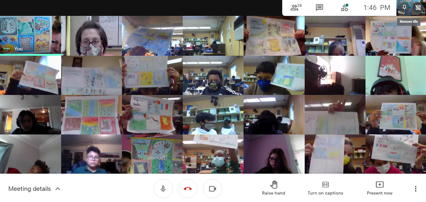 Students engage in a virtual arts education residency using Google Meet.
