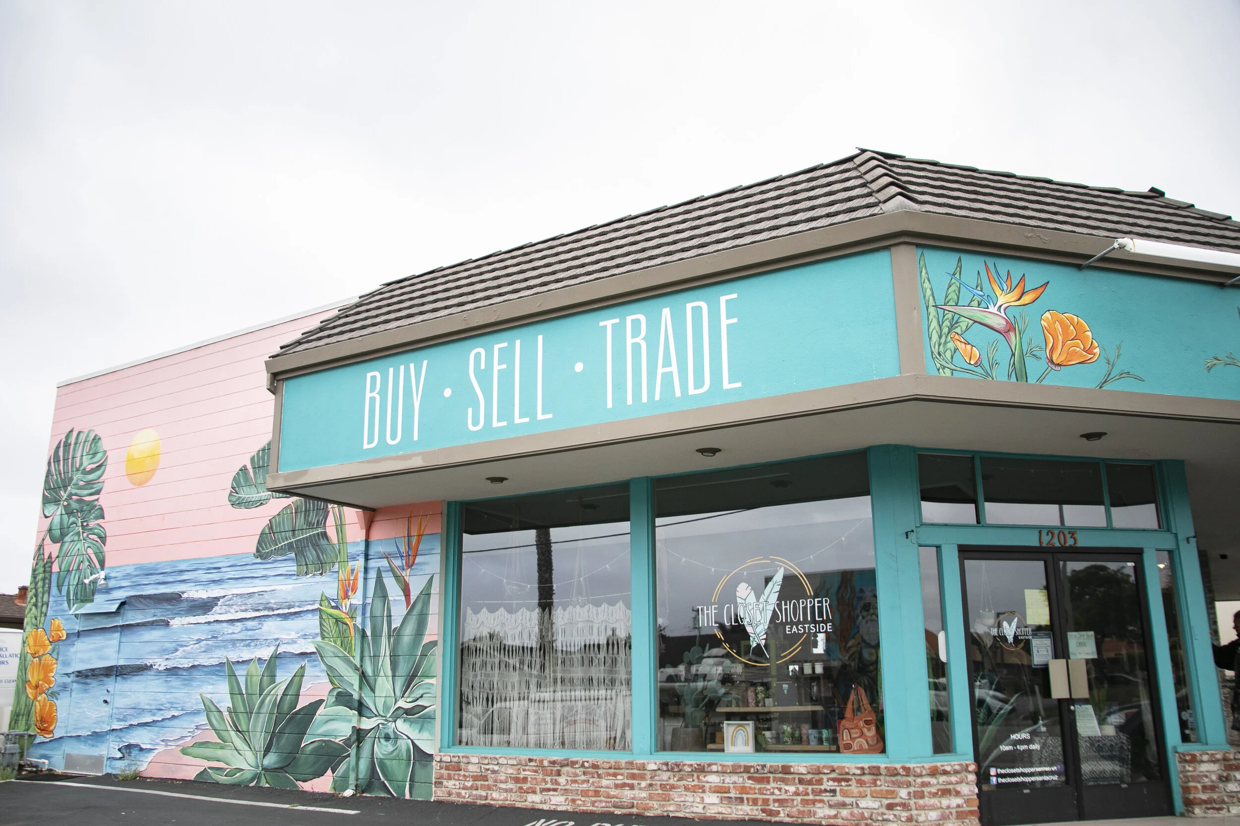The Closet Shopper Mural in Santa Cruz, CA with a landscape scene of ocean waves, California poppies, birds of paradise, tropical plants and succulents, with a sun and pink sky by Brittany Costanzo