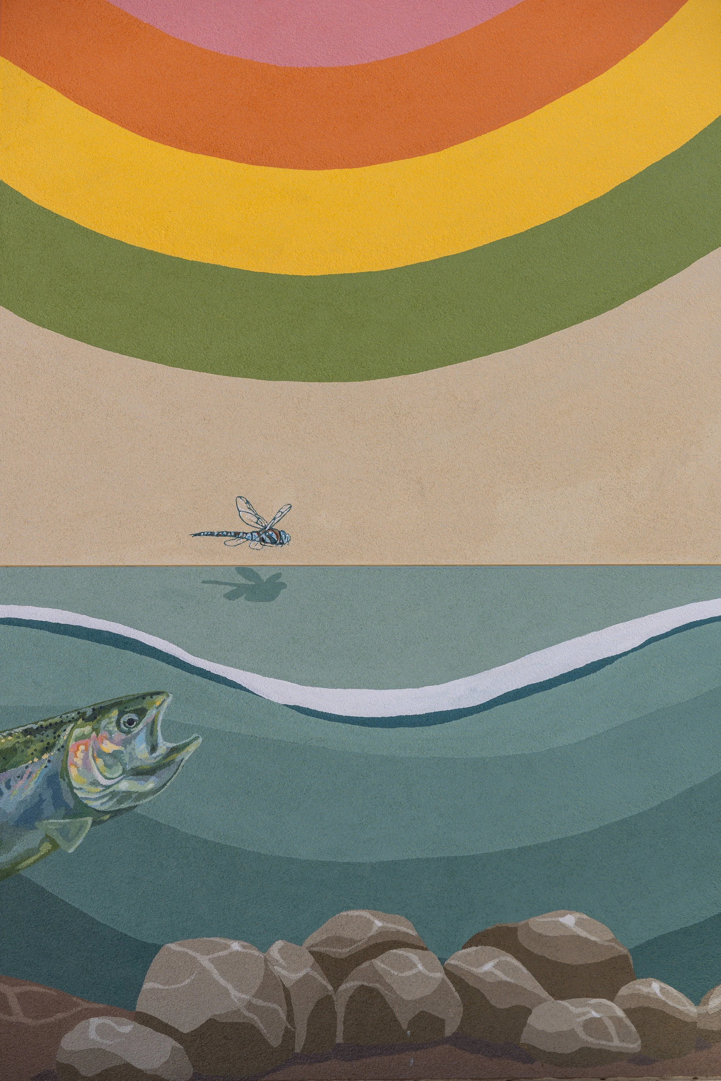 Close up of Main Street Elementary School Mural in Soquel, CA, inspired by local wildlife of Soquel Creek, with a fish, dragon fly, rocks, water, and colorful swirling lines tying it all together by Brittany Costanzo 2026