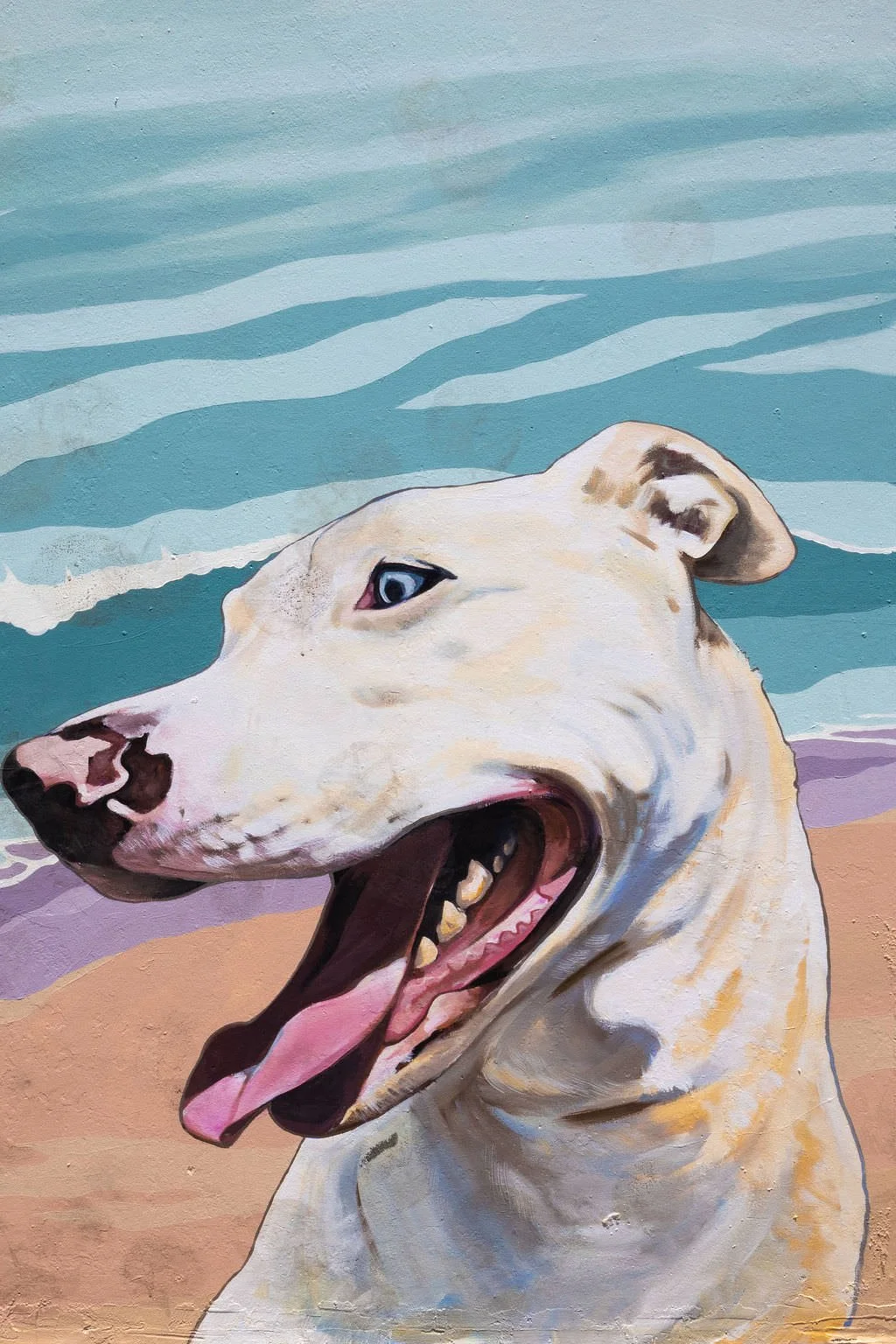 Sante Adairius Rustic Ales Santa Cruz, California Mural close up of a white dog in front of the ocean by Brittany Costanzo Creative 2026