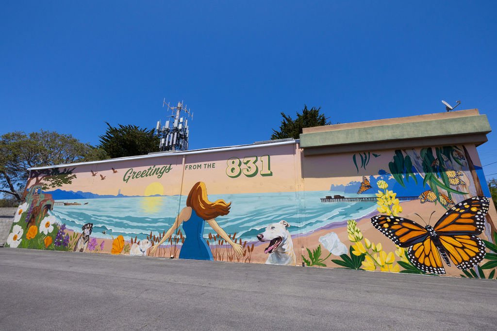 Sante Adairius Rustic Ales Santa Cruz, California Mural with monarch butterflies, dogs, California poppies, honey bees, coastal view, and other local plants, trees, and flowers by Brittany Costanzo Creative 2026