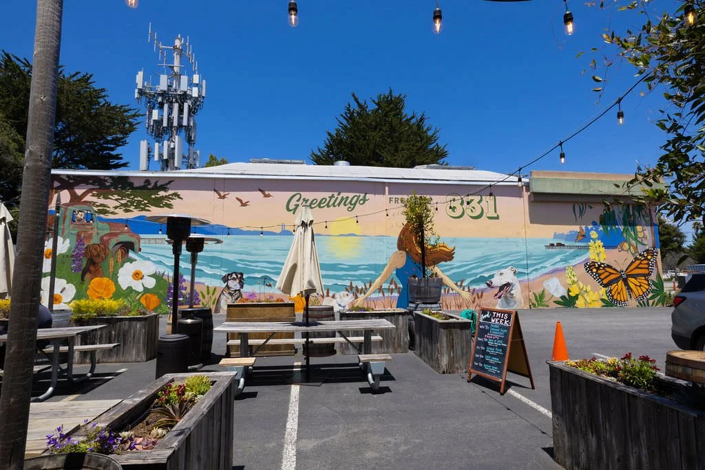 Sante Adairius Rustic Ales Santa Cruz, California Mural with monarch butterflies, dogs, honey bees, coastal view, and other local plants, trees, and flowers by Brittany Costanzo Creative 2026