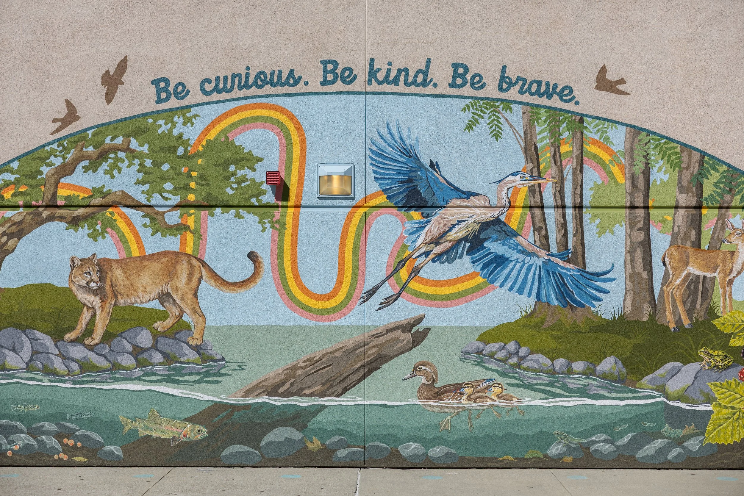 Main Street Elementary School Mural in Soquel, CA with local wildlife, water, trees, stones, and colorful swirling lines tying it all together by Brittany Costanzo