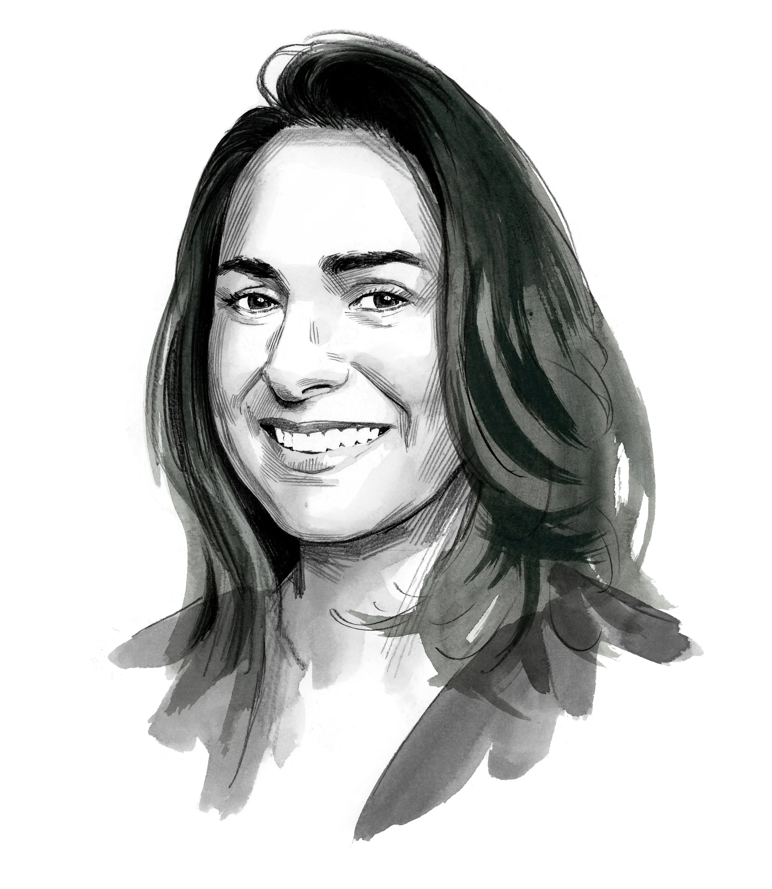 Black and white digital sketch of a smiling woman named Rachel Gogel with long hair. She is an independent design executive and the person this website is highlighting.