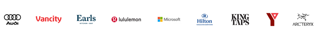 Logos of various companies, including Samsung, Microsoft, Hilton Vancouver Downtown, King Taps, and a partial logo with an image of the Vancouver skyline.