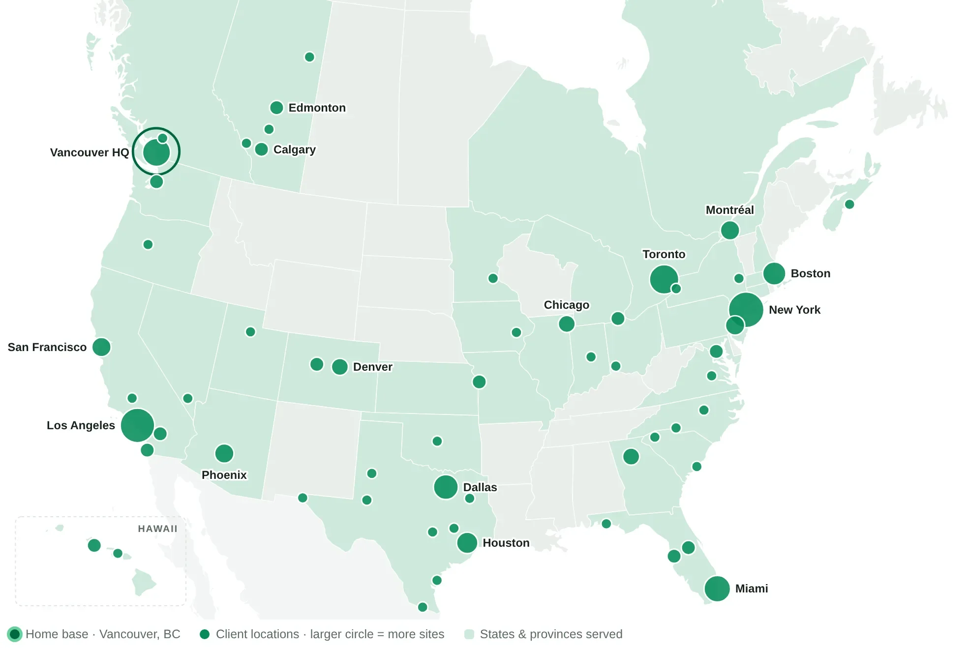 Map of Greenspace Plants commercial client locations across Canada and the U.S."