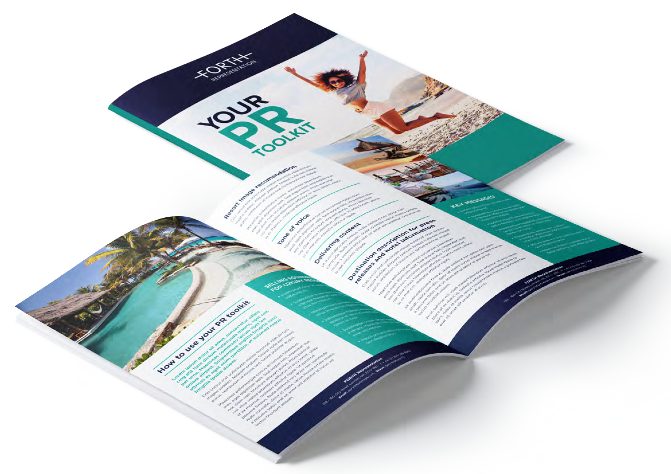 Open brochure titled 'Your PR Toolkit' with images of a woman jumping on a beach, a poolside scene with palm trees, and a marina with boats, on white background.