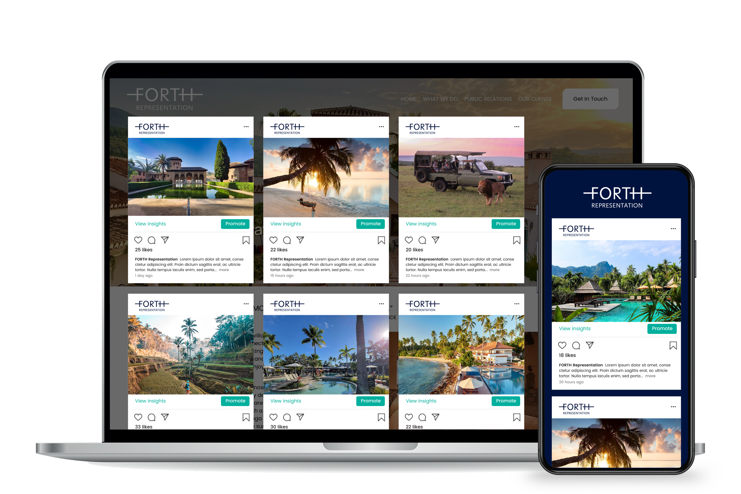 A laptop and smartphone display social media posts showcasing tropical landscapes, beaches, pools, and resorts.