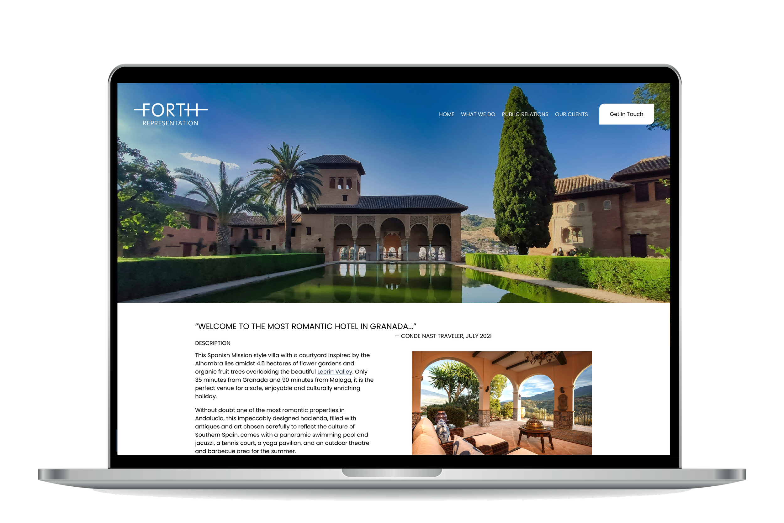 Website homepage showing a Spanish-style villa with courtyard, palm trees, and a reflective pond, with navigation menu and a section of hotel description and interior photo.