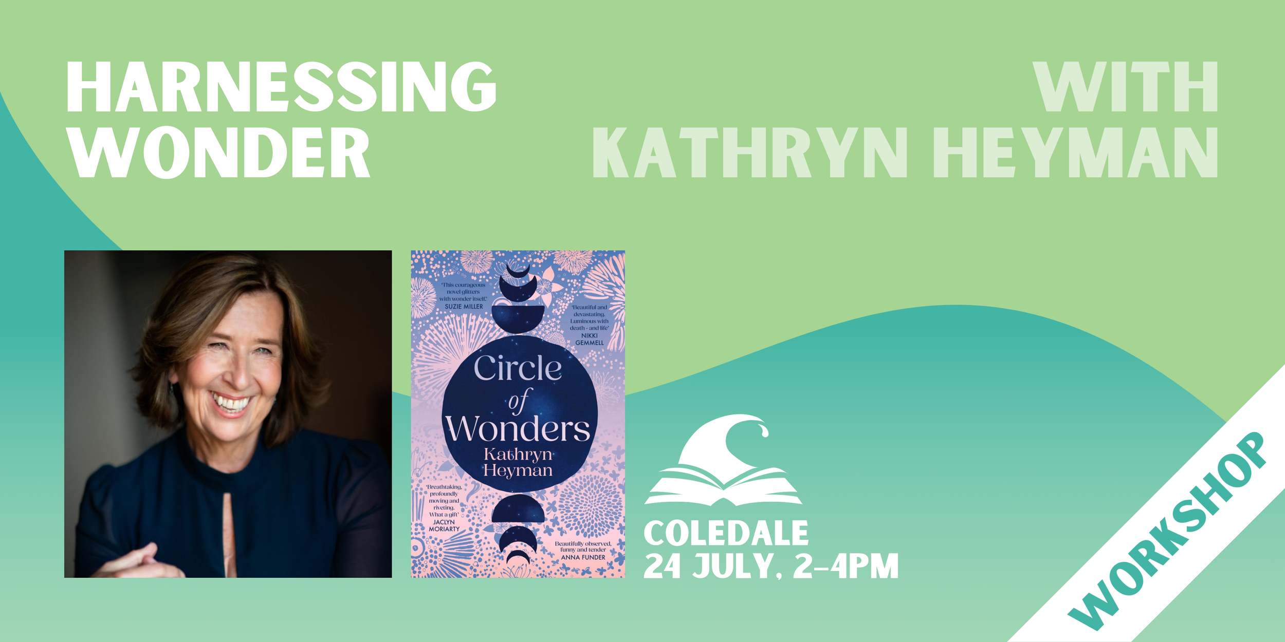 Harnessing Wonder banner, featuring author and book image