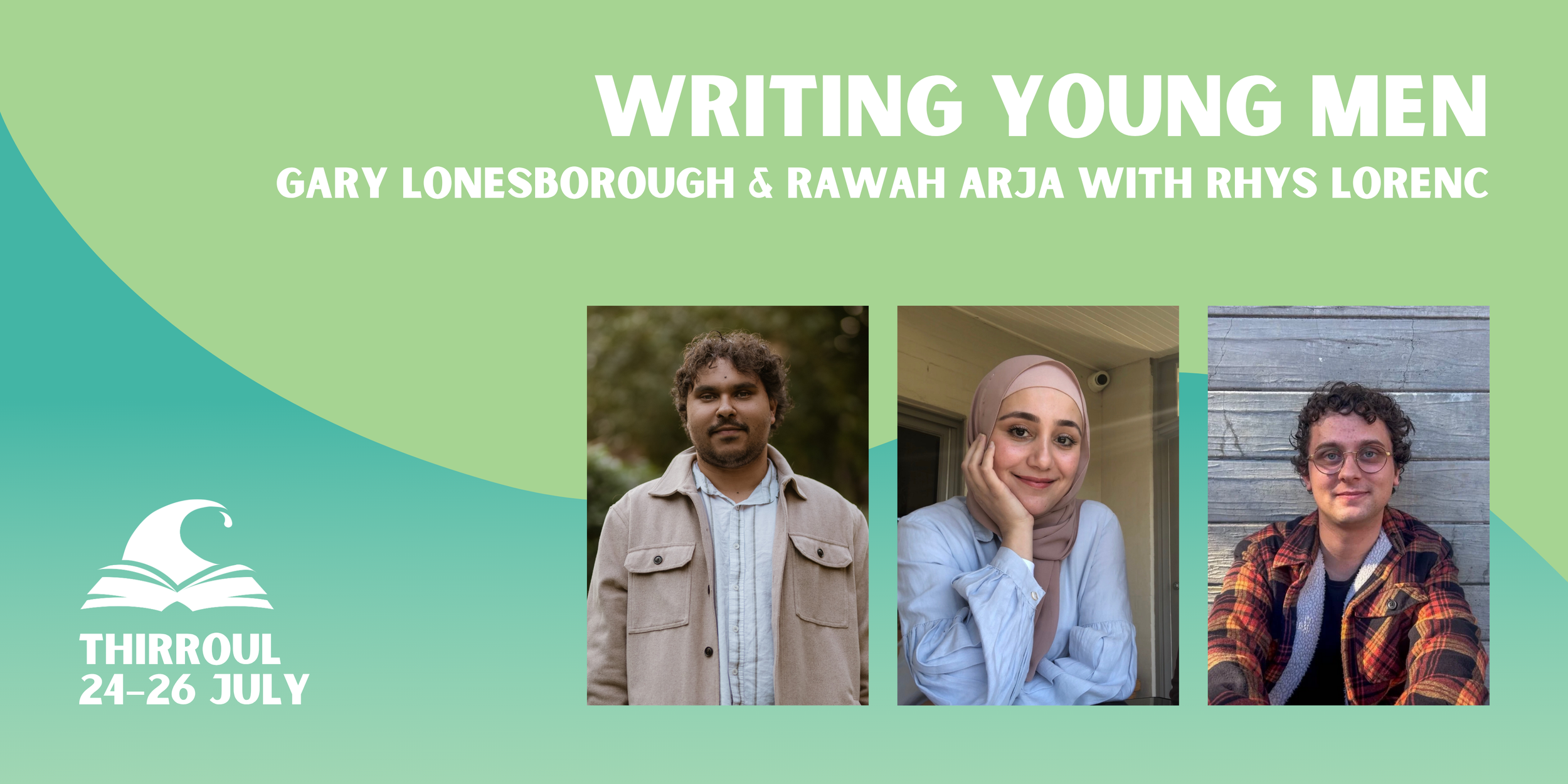 Writing Young Men banner featuring three author headshots