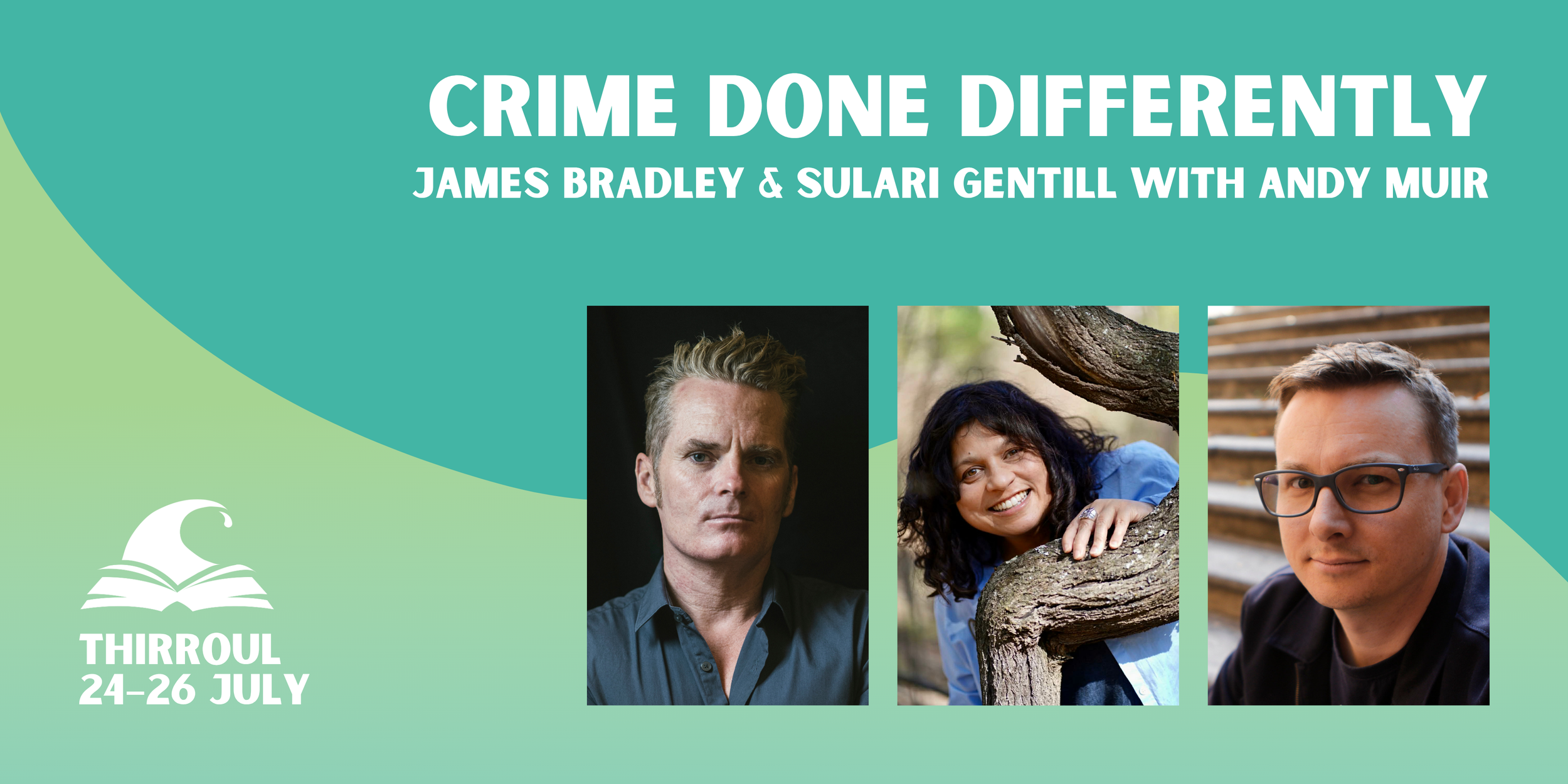 Crime Done Differently banner featuring two author headshots