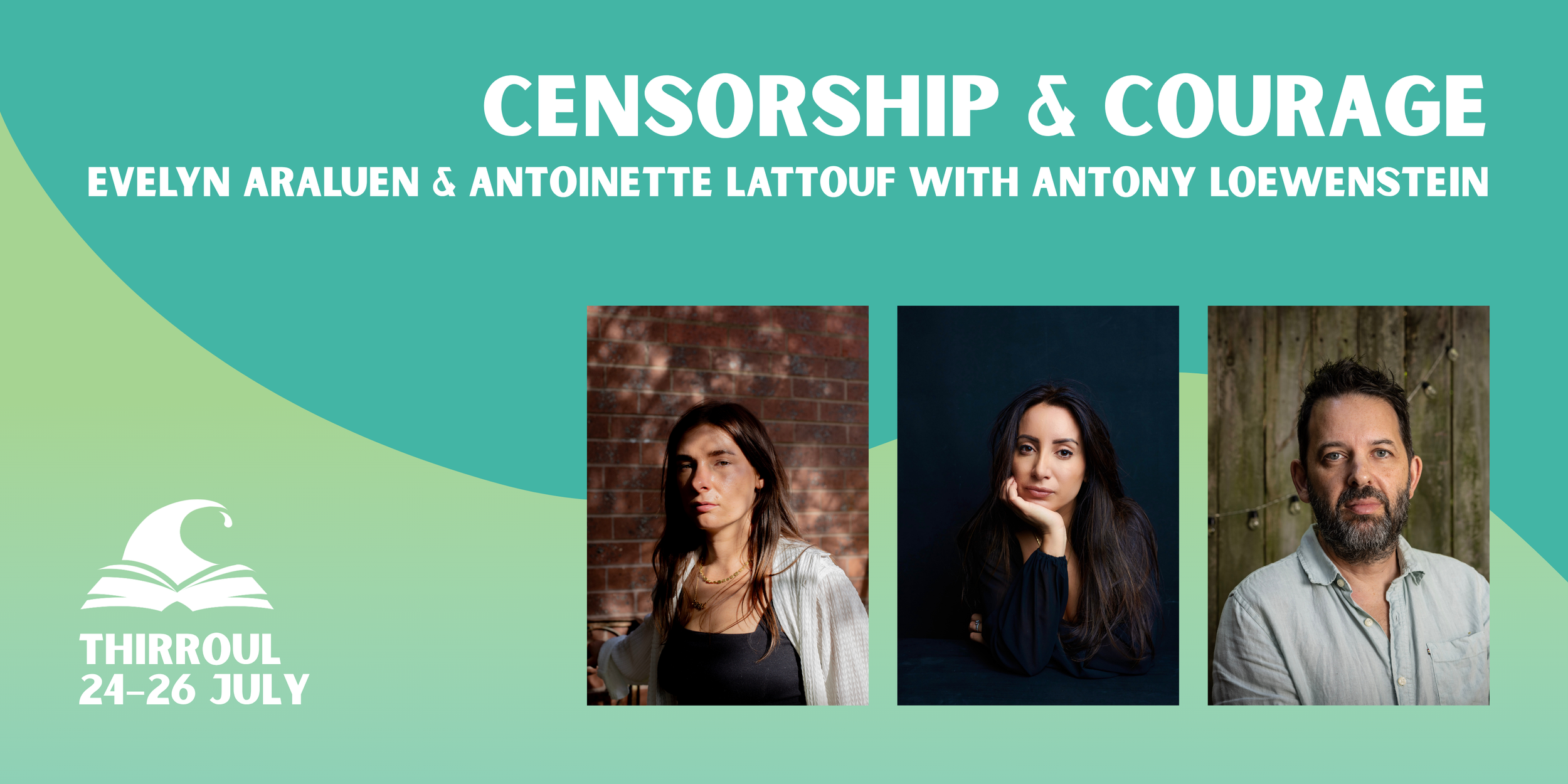 Censorship and Courage banner featuring three author headshots