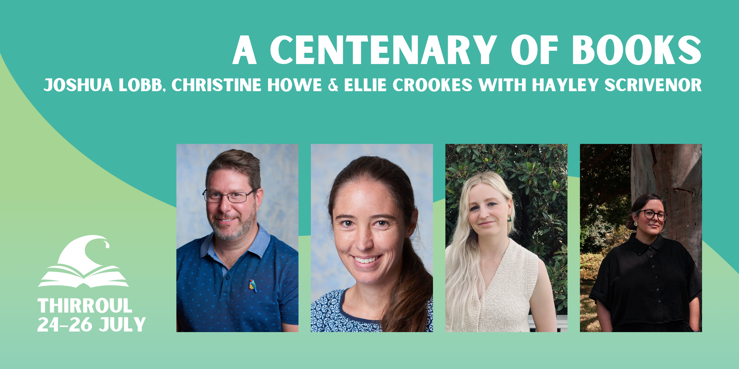A Centenary of Books banner featuring four author headshots