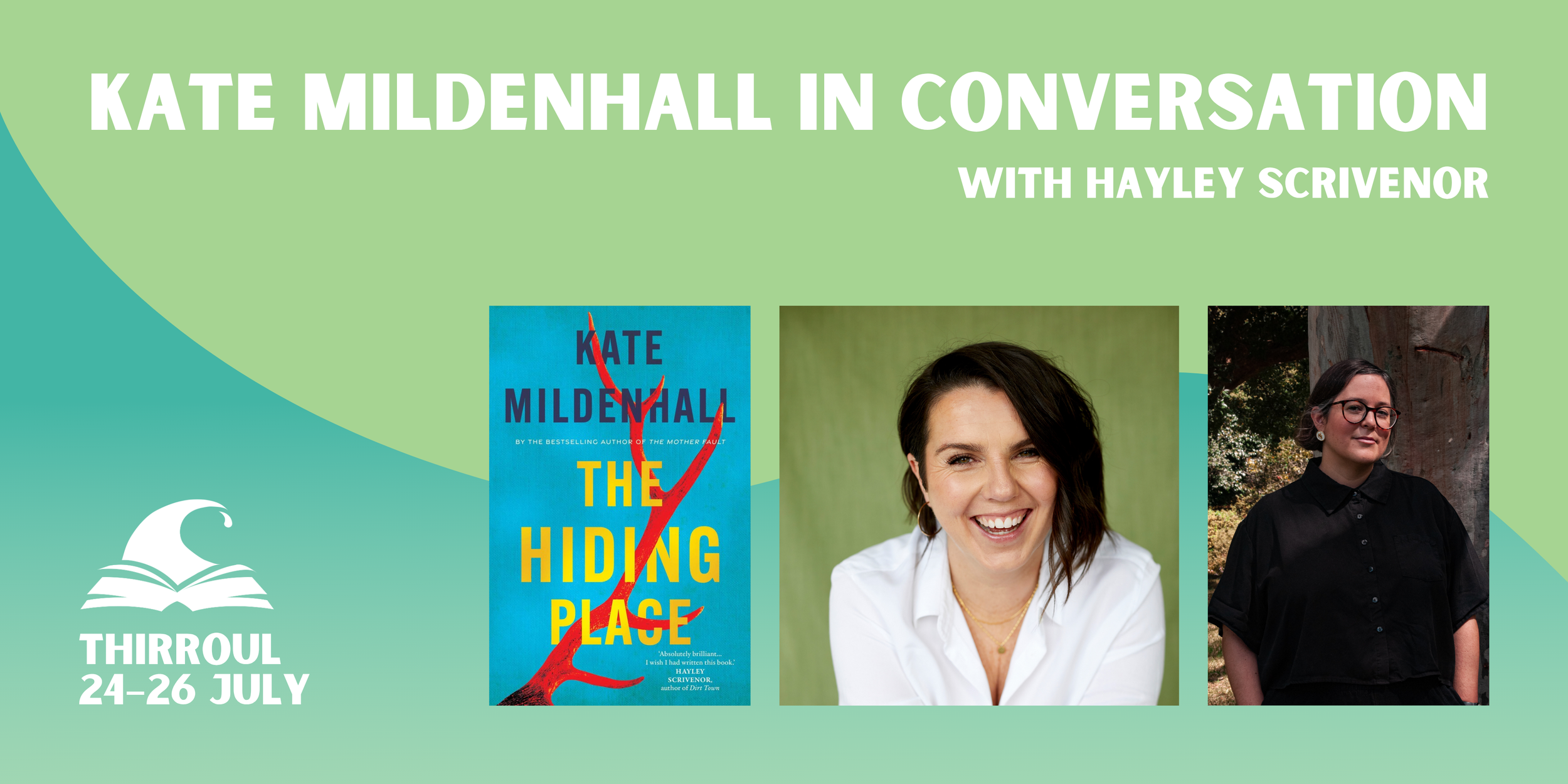 Kate Mildenhall in conversation banner featuring two author headshots and book cover