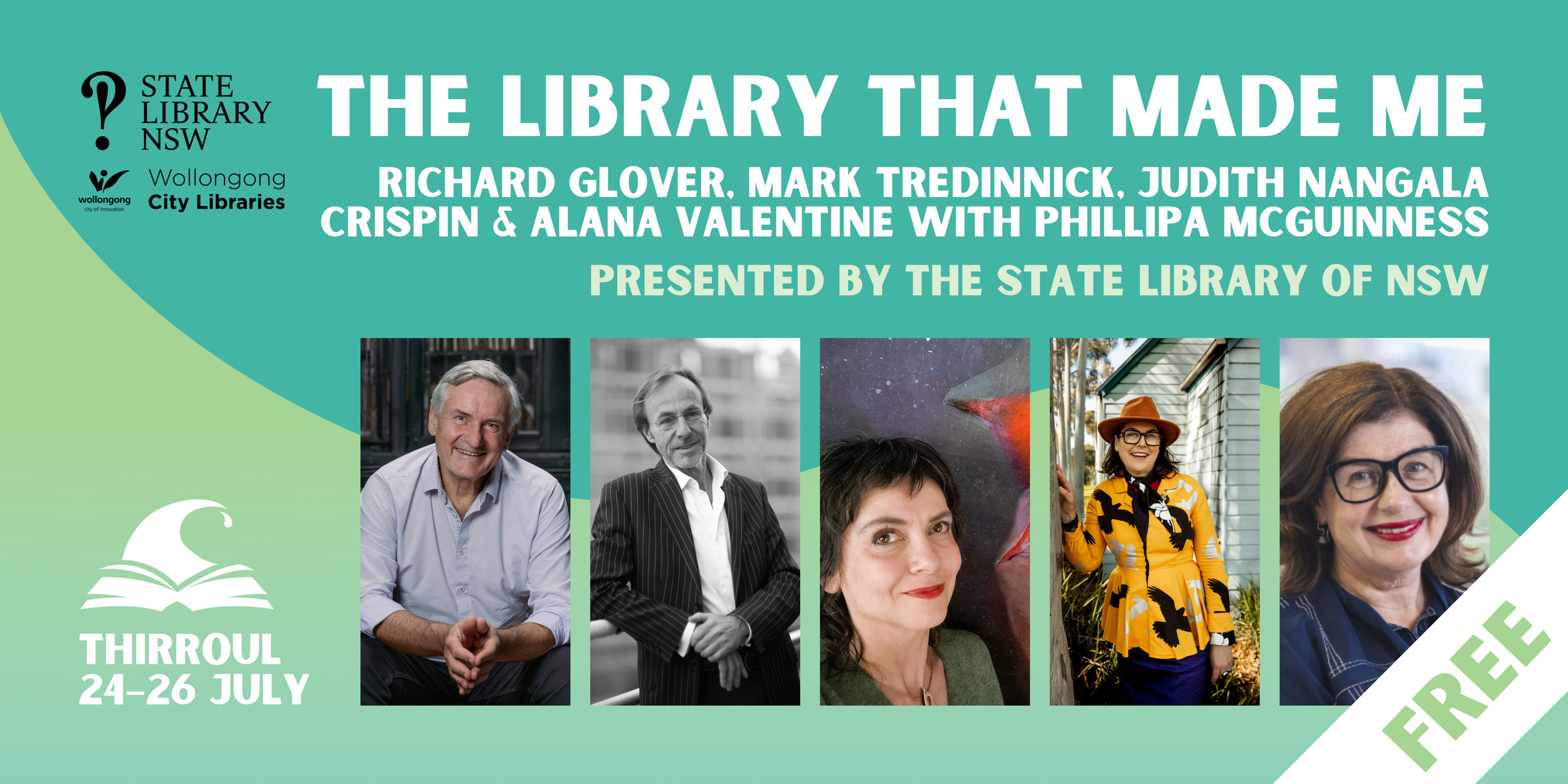 The Library That Made Me banner, featuring five author headshots