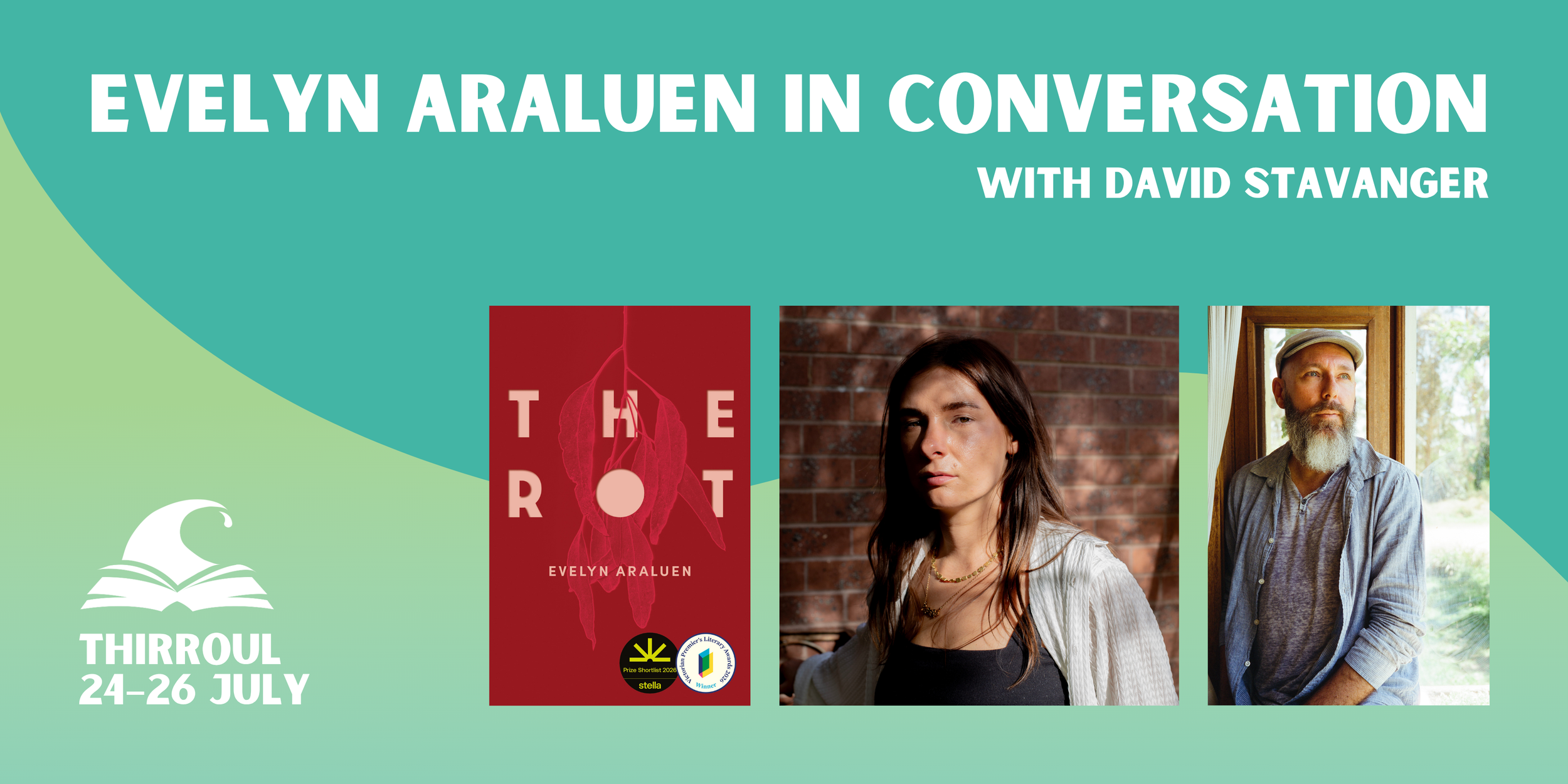 Evelyn Araluen in conversation banner featuring two author headshots and book cover