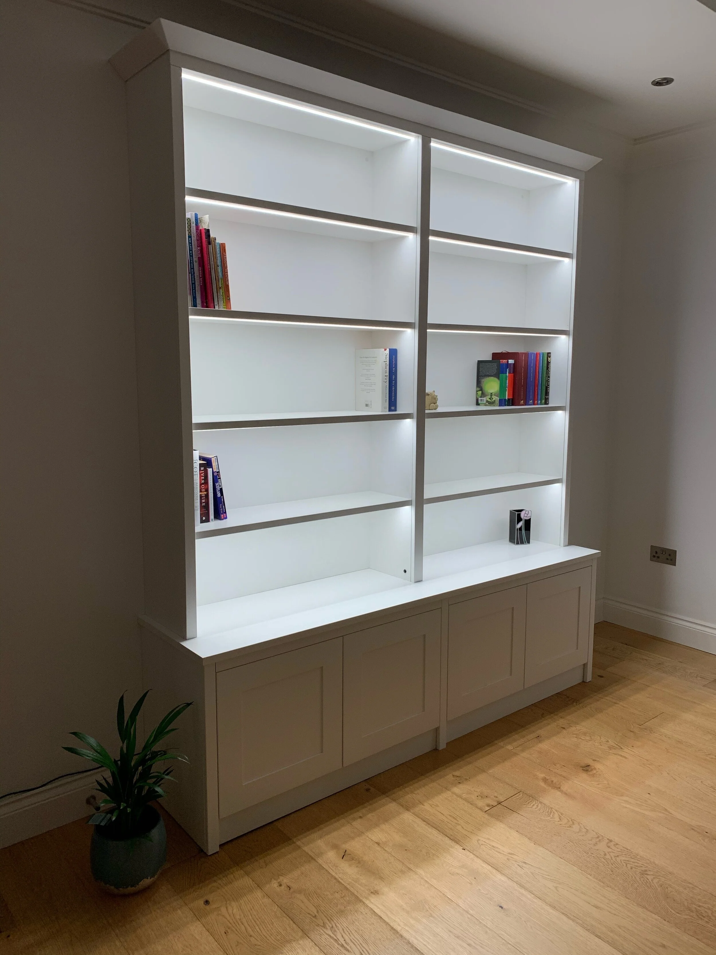 A white bookshelf with LED lighting, containing a few books and decorative items, is positioned against a white wall in a room with wooden flooring and a small potted plant nearby.