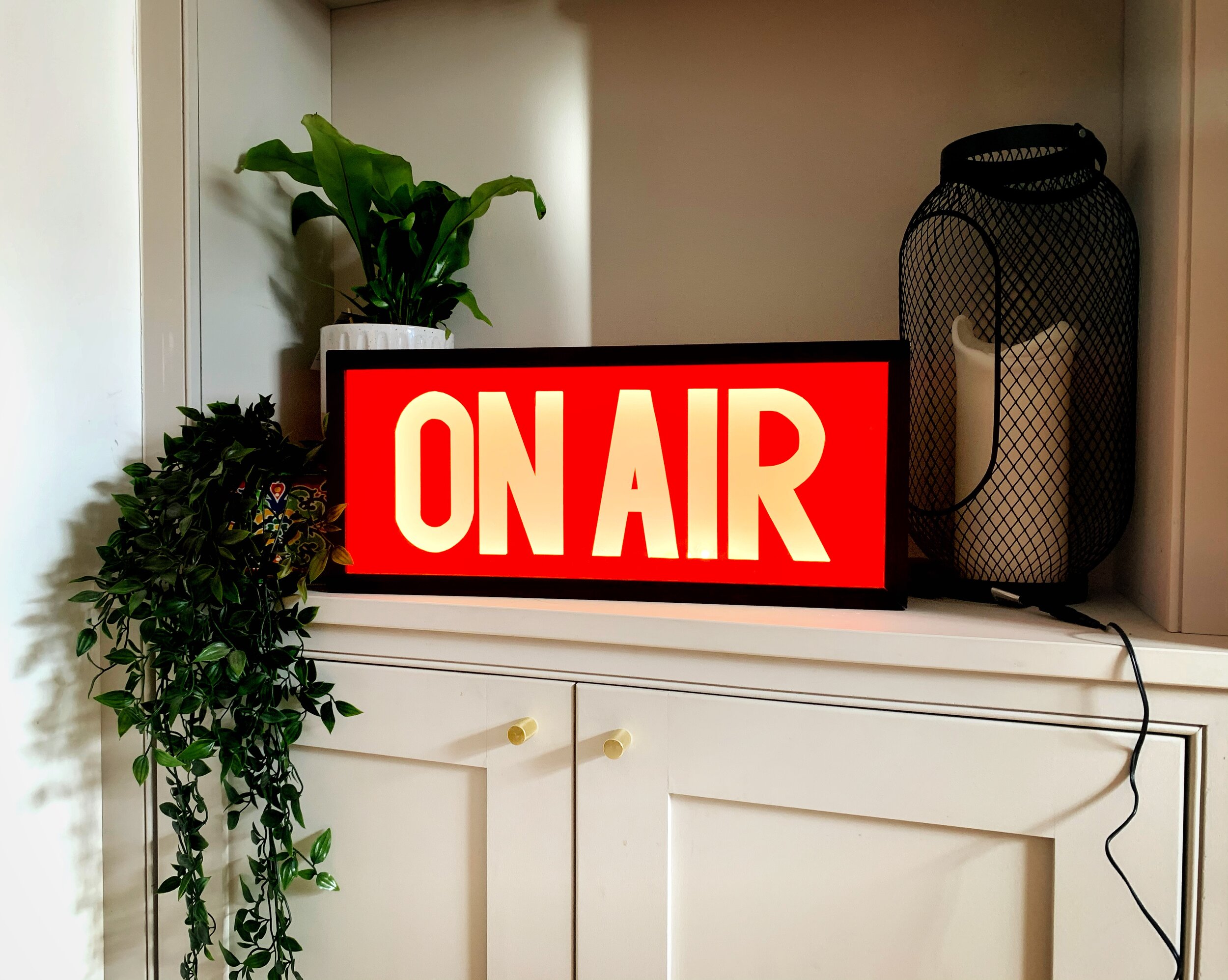 A red illuminated 'ON AIR' sign next to potted plants and a paper roll in a black mesh holder on a white cabinet.