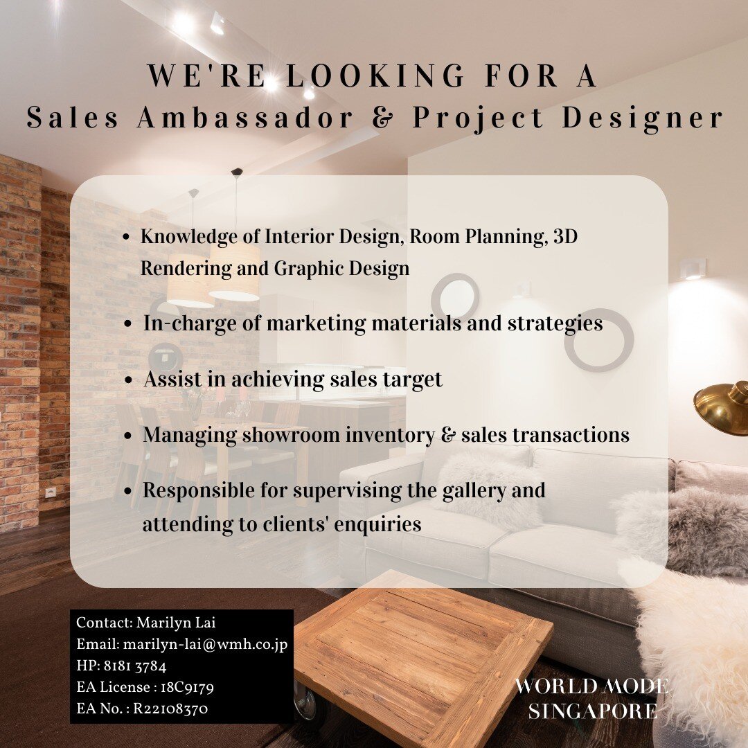 Looking to go into graphic design and hold a love for interior decorating? Take on this role that&rsquo;ll offer you a wide range of experience. From retail sales to interior design to marketing. Send in your resumes to the contact above or head on o