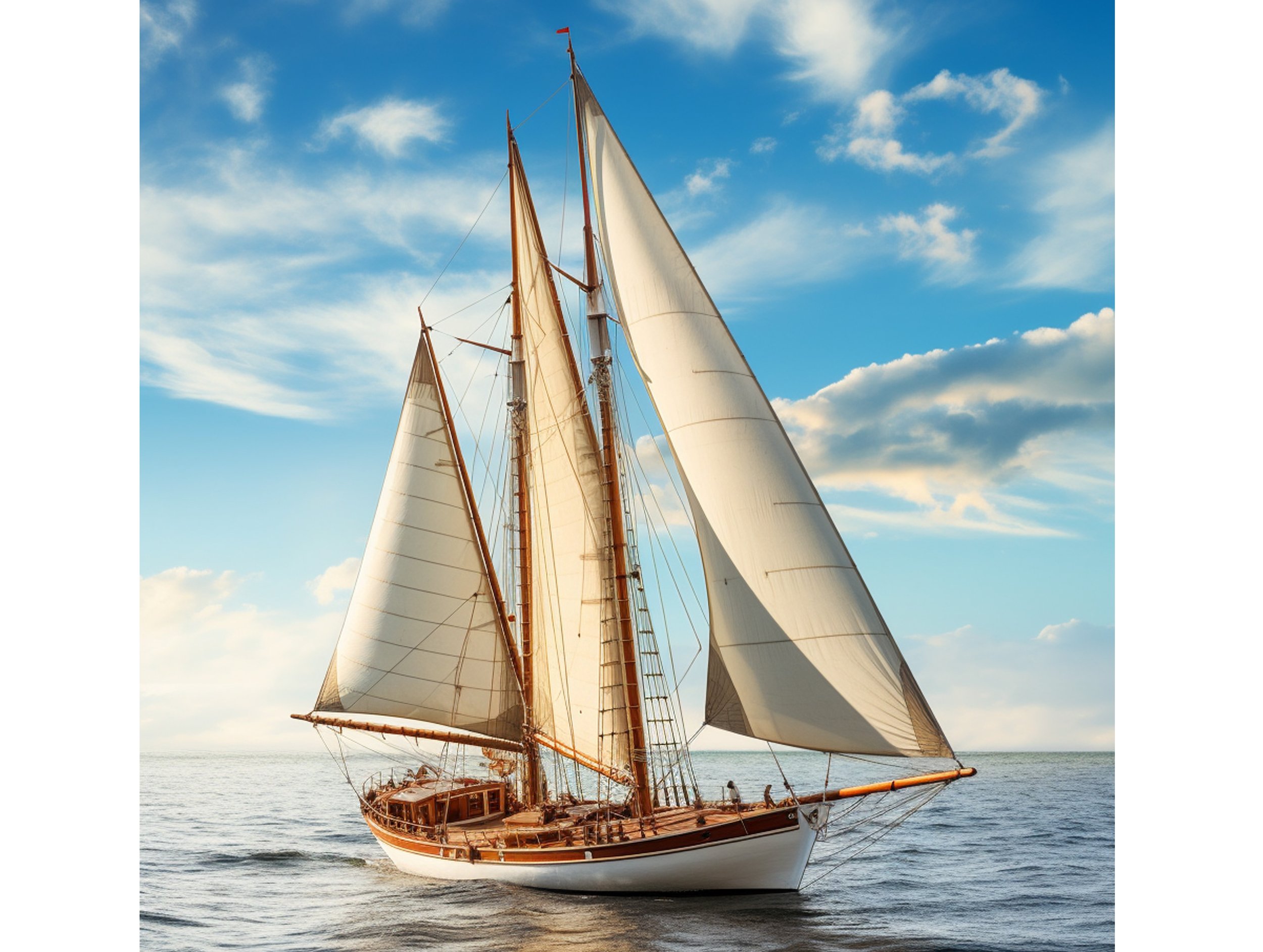 A sailing ship with white sails on calm ocean water under a partly cloudy sky.