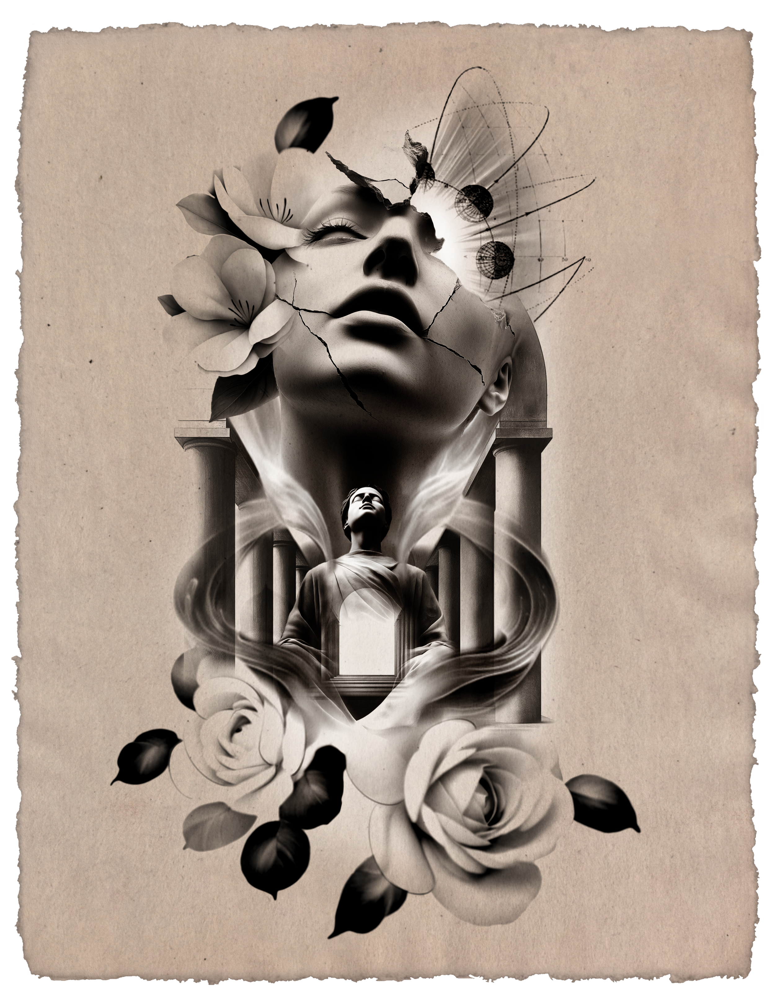 Black and grey tattoo design of an upturned, cracked female face above a robed figure and glowing doorway, surrounded by columns, roses, flowing wisps, and orbital lines.