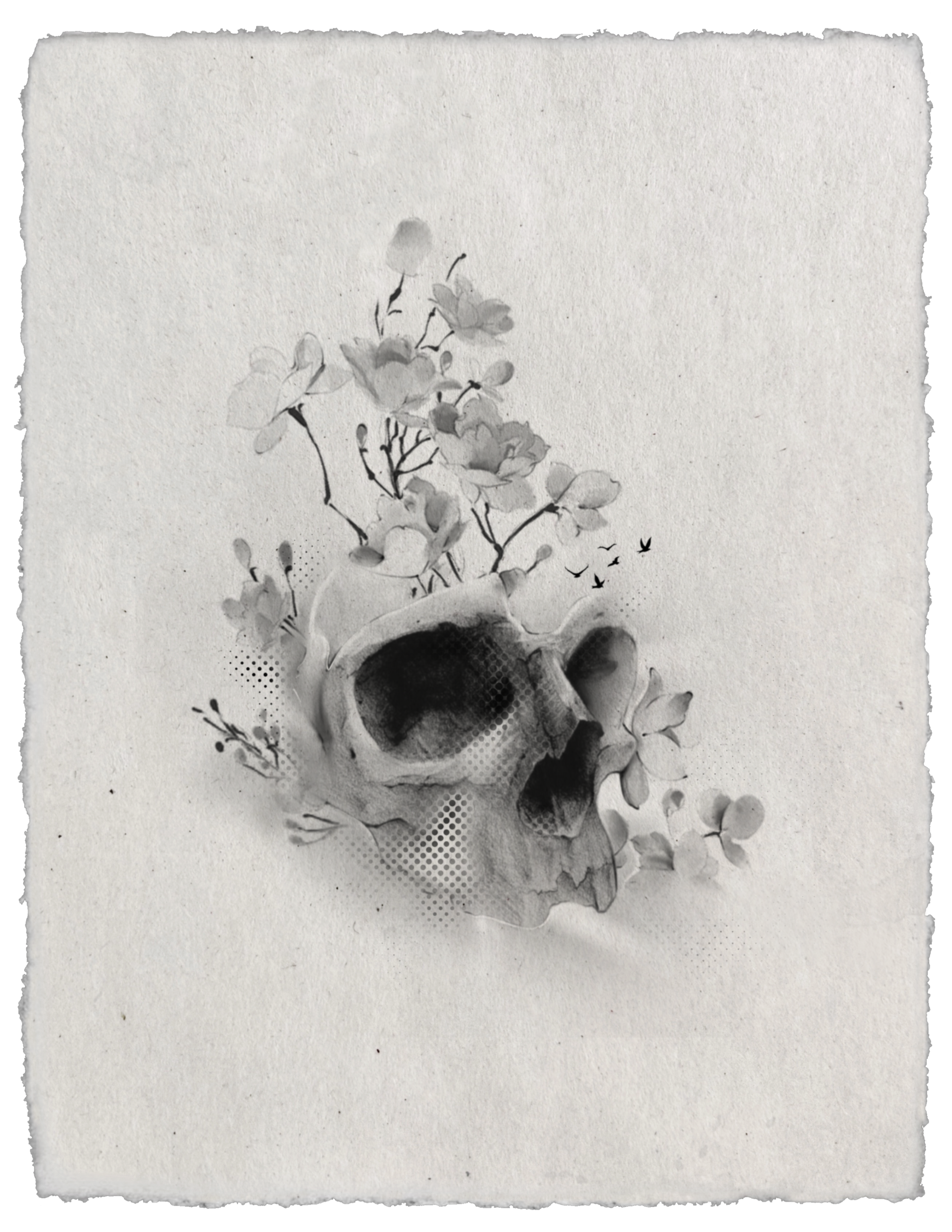 Black and grey tattoo design of a skull with flowering branches growing from its open crown, surrounded by blossoms, small flying birds, and halftone dots.