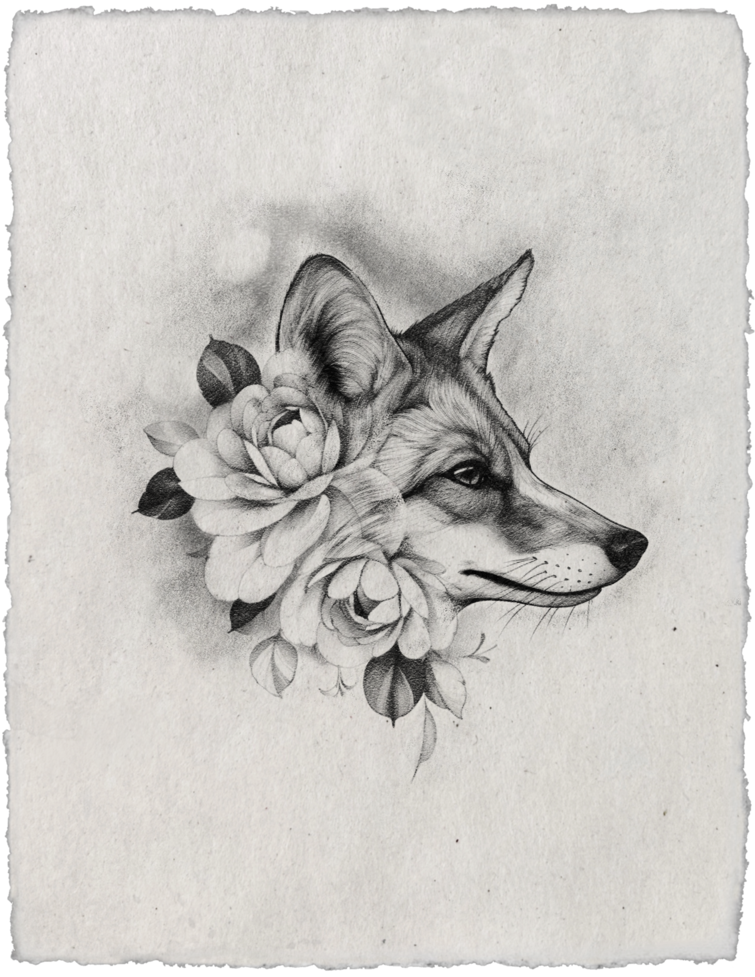 Black and grey tattoo design of a fox in profile, with detailed fur, pointed ears, and layered flowers and leaves framing the side of its face.