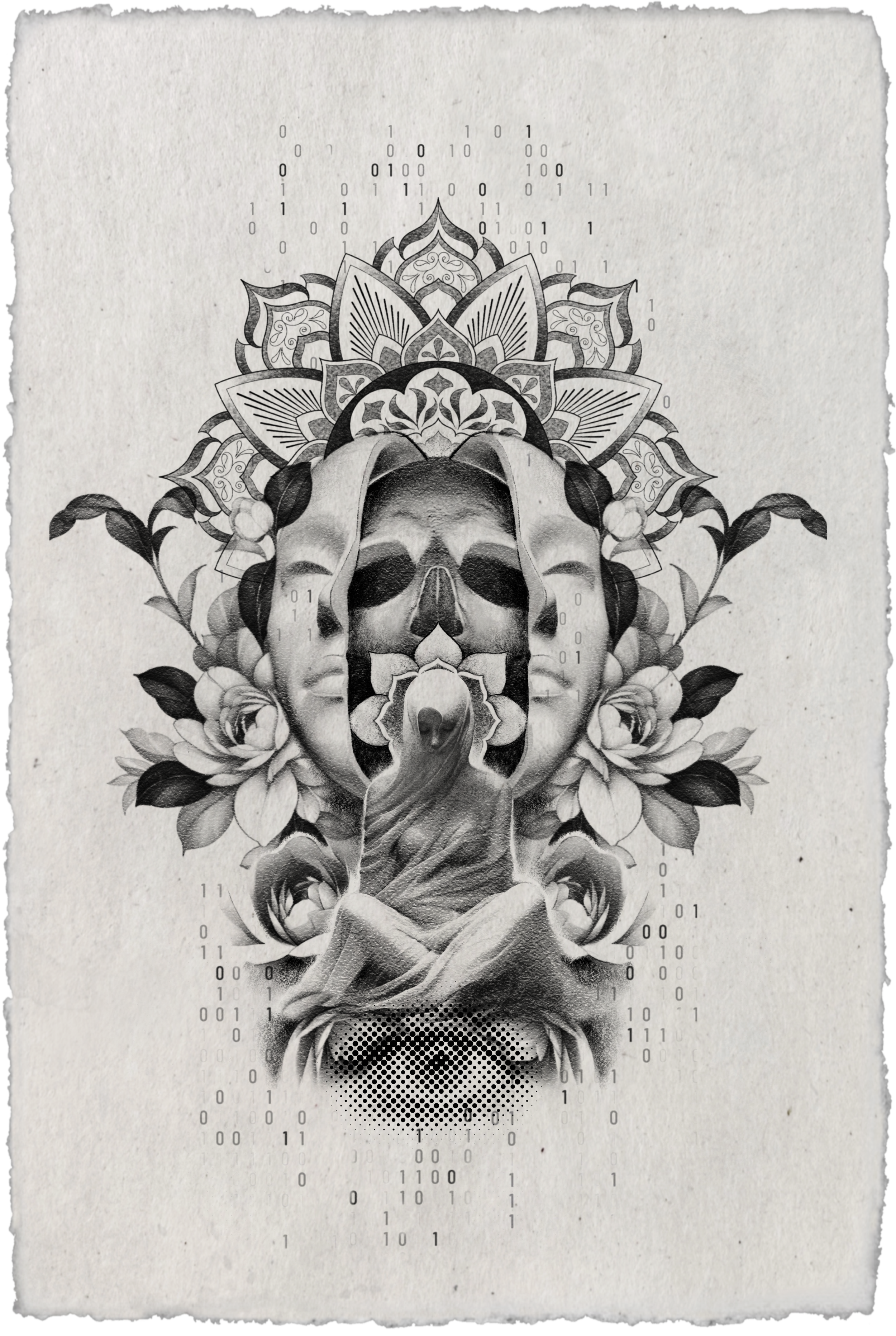 Black and grey tattoo design featuring a split face revealing a skull above a seated shrouded figure, framed by flowers and layered mandala patterns, with binary digits and halftone dots.