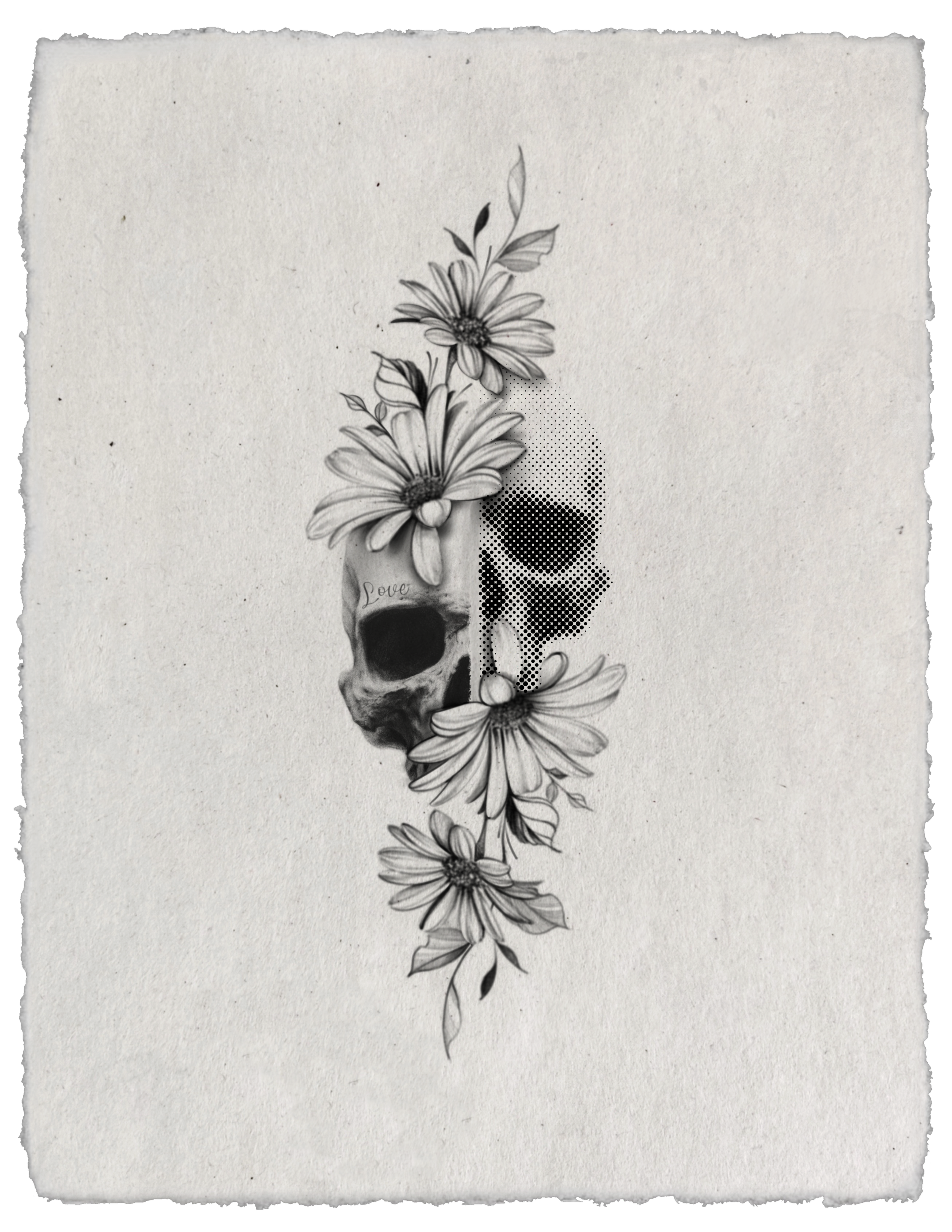 Black and grey tattoo design of an offset split skull combining realistic shading and halftone dots, framed by daisies, slender stems, and leaves.