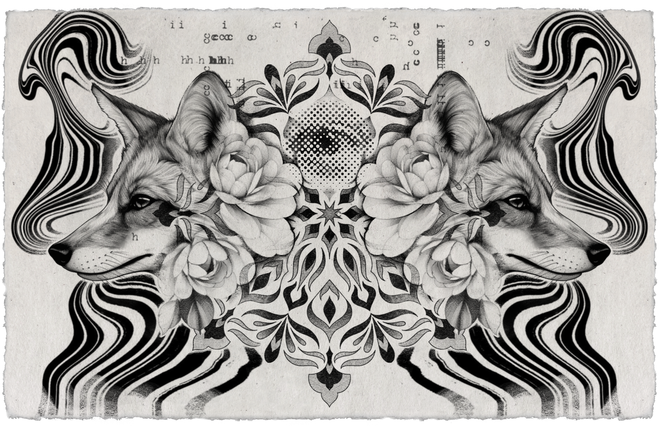 Tattoo design featuring two mirrored fox heads, layered flowers, a central eye, symmetrical ornamental shapes, and flowing black patterns.