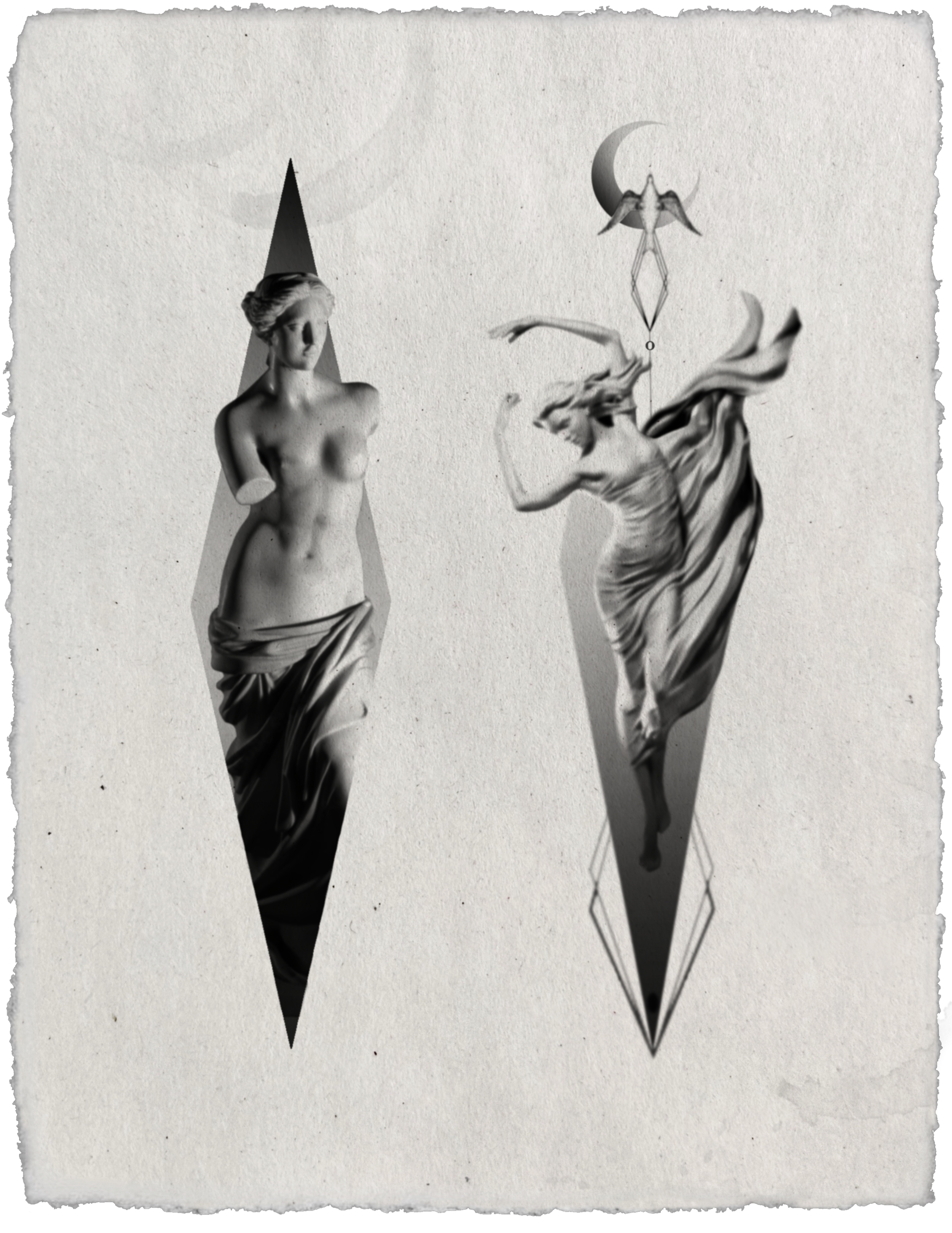 Two black and grey tattoo designs featuring classical female sculptures within elongated geometric frames, one with flowing drapery beneath a crescent moon and winged ornament.