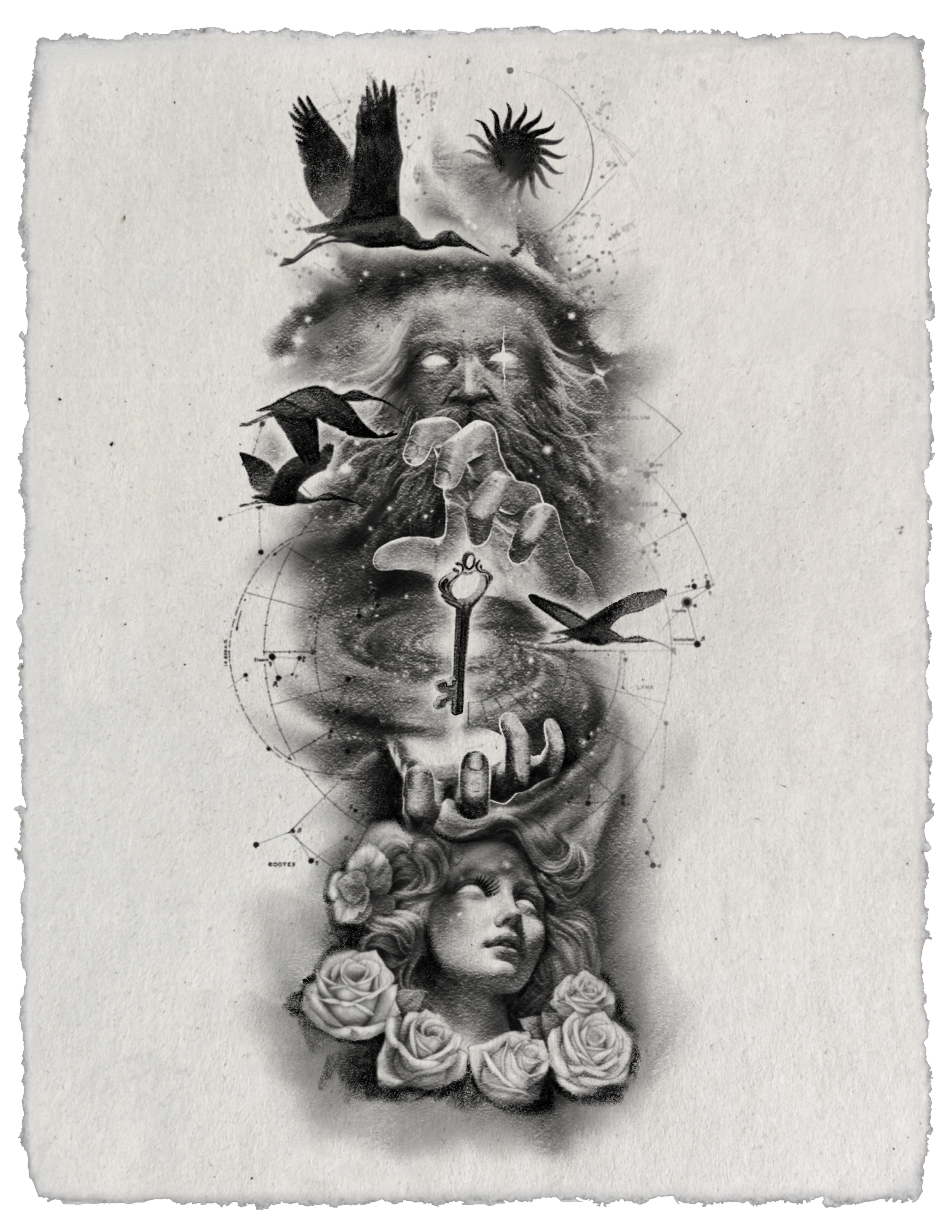 Black and grey tattoo design featuring a bearded face above hands framing a key and spiral galaxy, with flying birds, celestial geometry, and a woman's portrait surrounded by roses below.