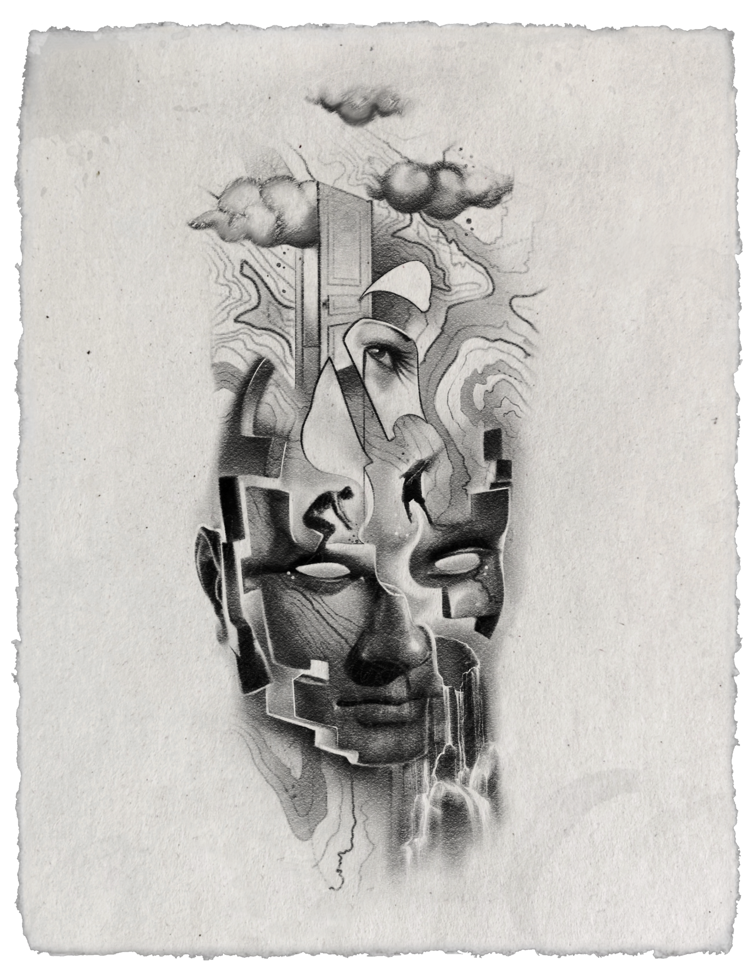 Black and grey tattoo design combining fragmented faces, an open doorway, clouds, flying birds, contour lines, and cascading water in a surreal vertical composition.